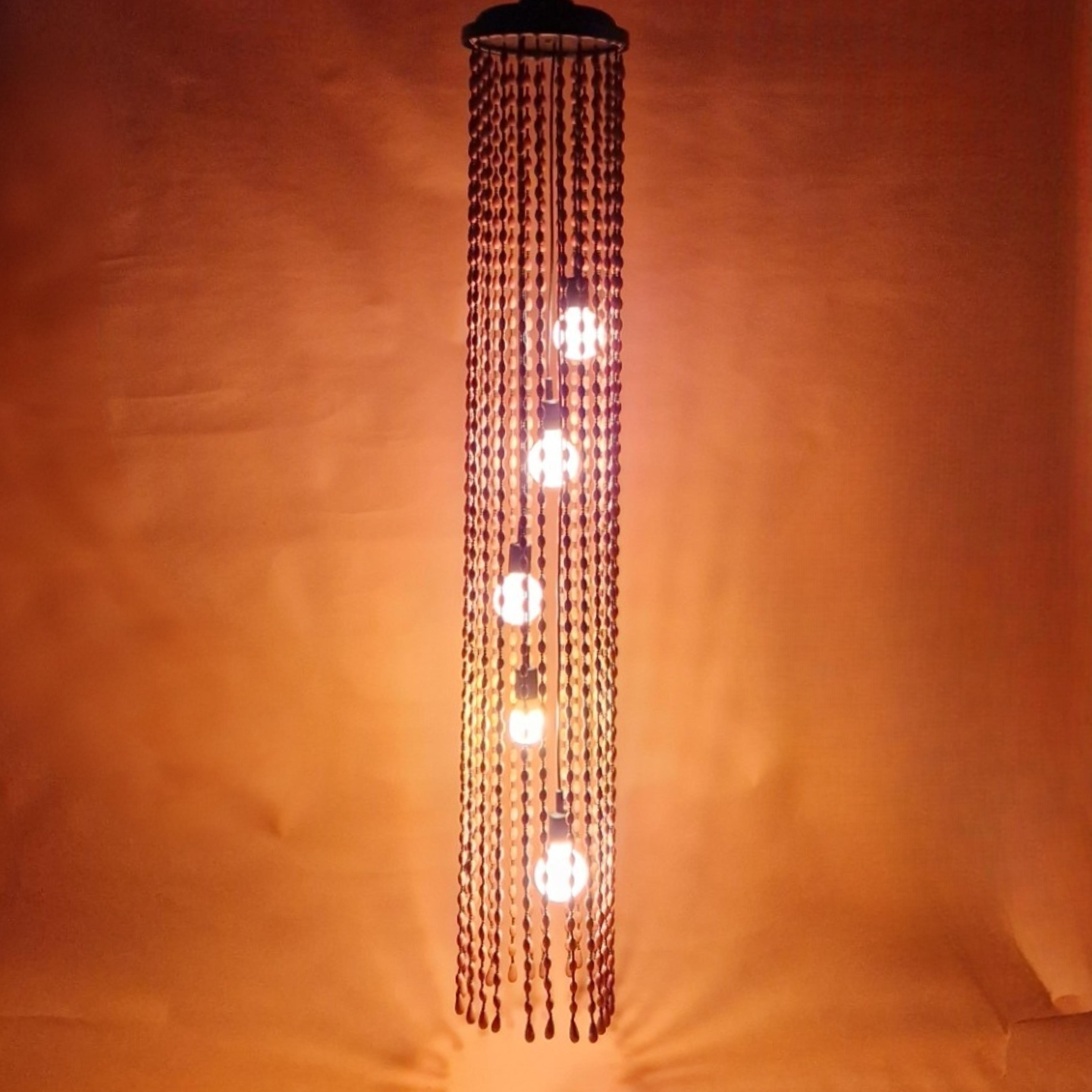 Aluminum Wabi Sabi wooden bead hanging lamp by Temde, Switzerland 1960s