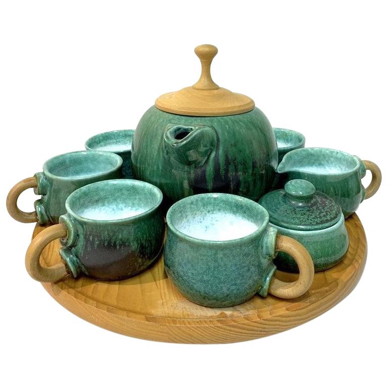 Wabisabi Style Handmade Ceramic Tea Set on Wooden Tray by M. Kalmar