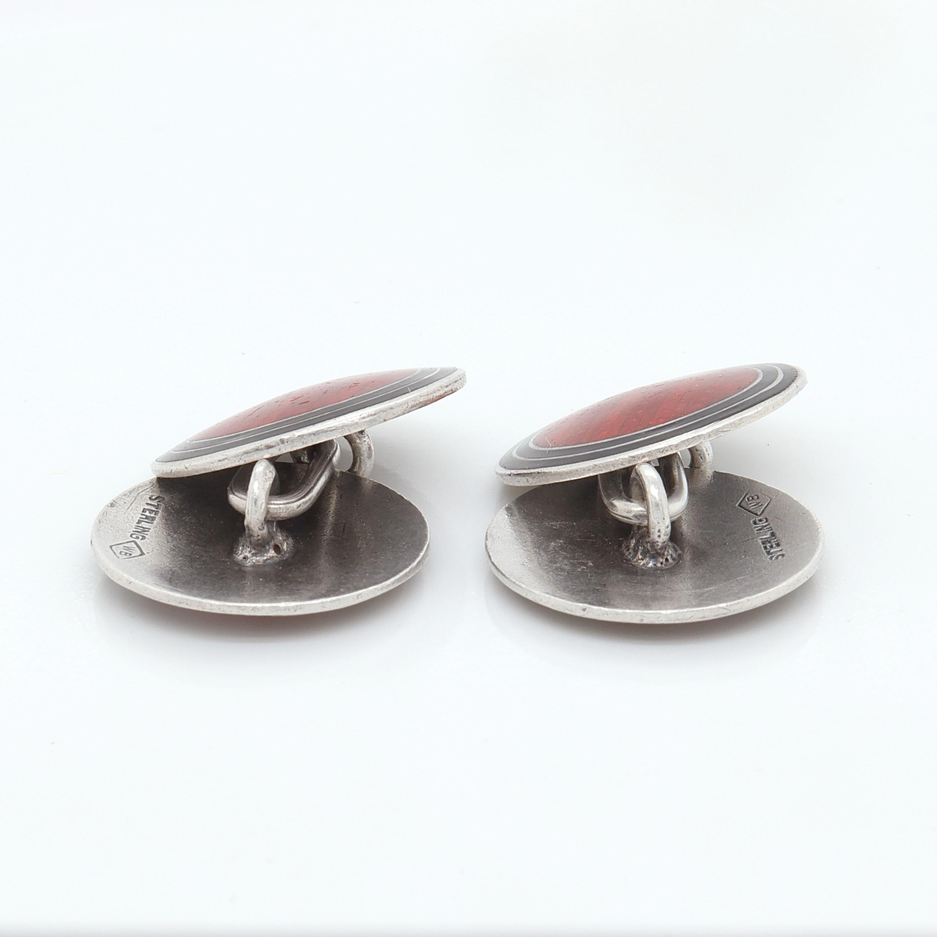 Wachenheimer Bros. American Art Deco Sterling Silver Guilloche Enamel Cufflinks In Good Condition For Sale In Philadelphia, PA