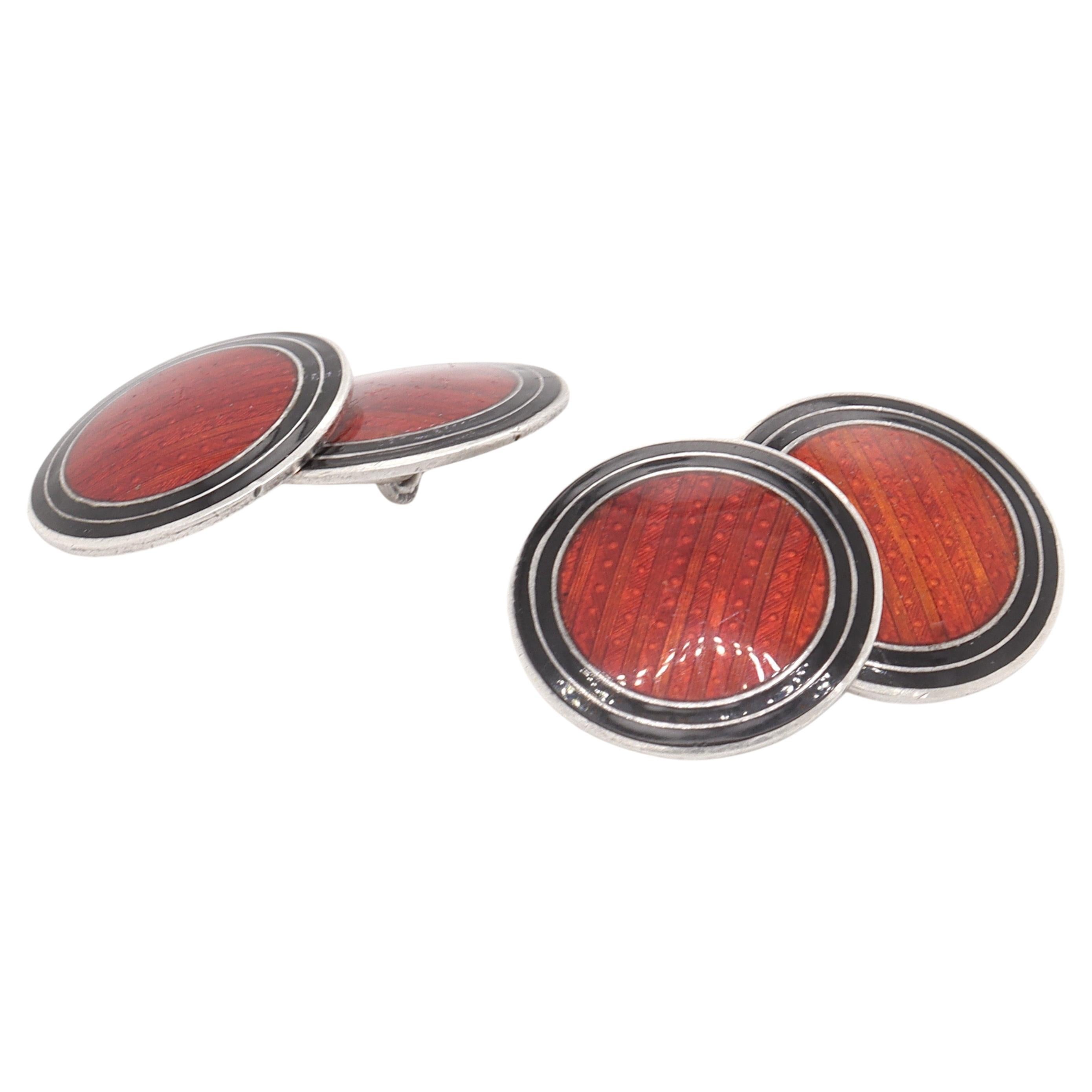 Wachenheimer Bros. American Art Deco Sterling Silver Guilloche Enamel Cufflinks For Sale