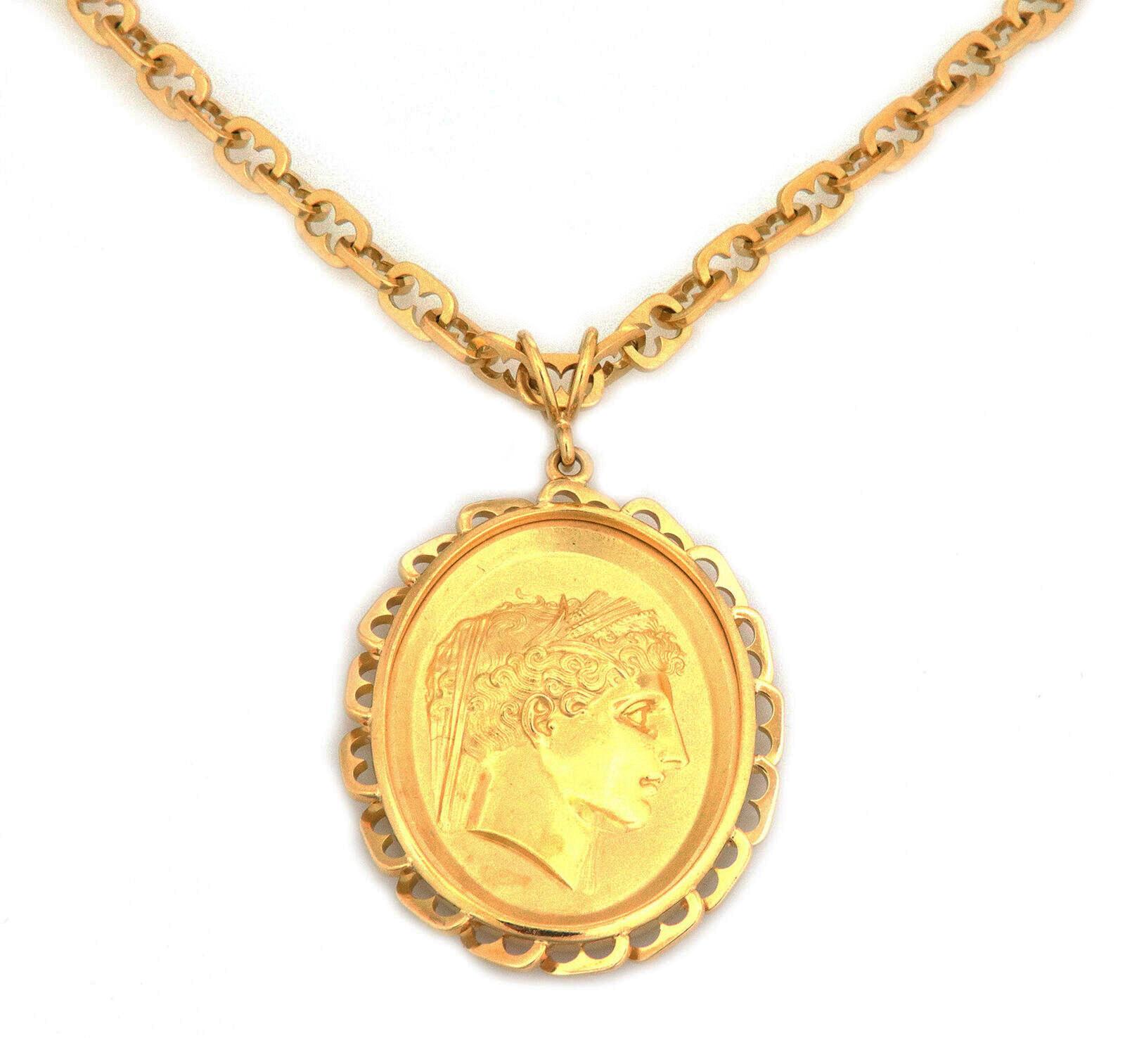 Women's or Men's Wachler Signed 18k Yellow Gold Embossed Woman Cameo Oval Pendant Necklace For Sale