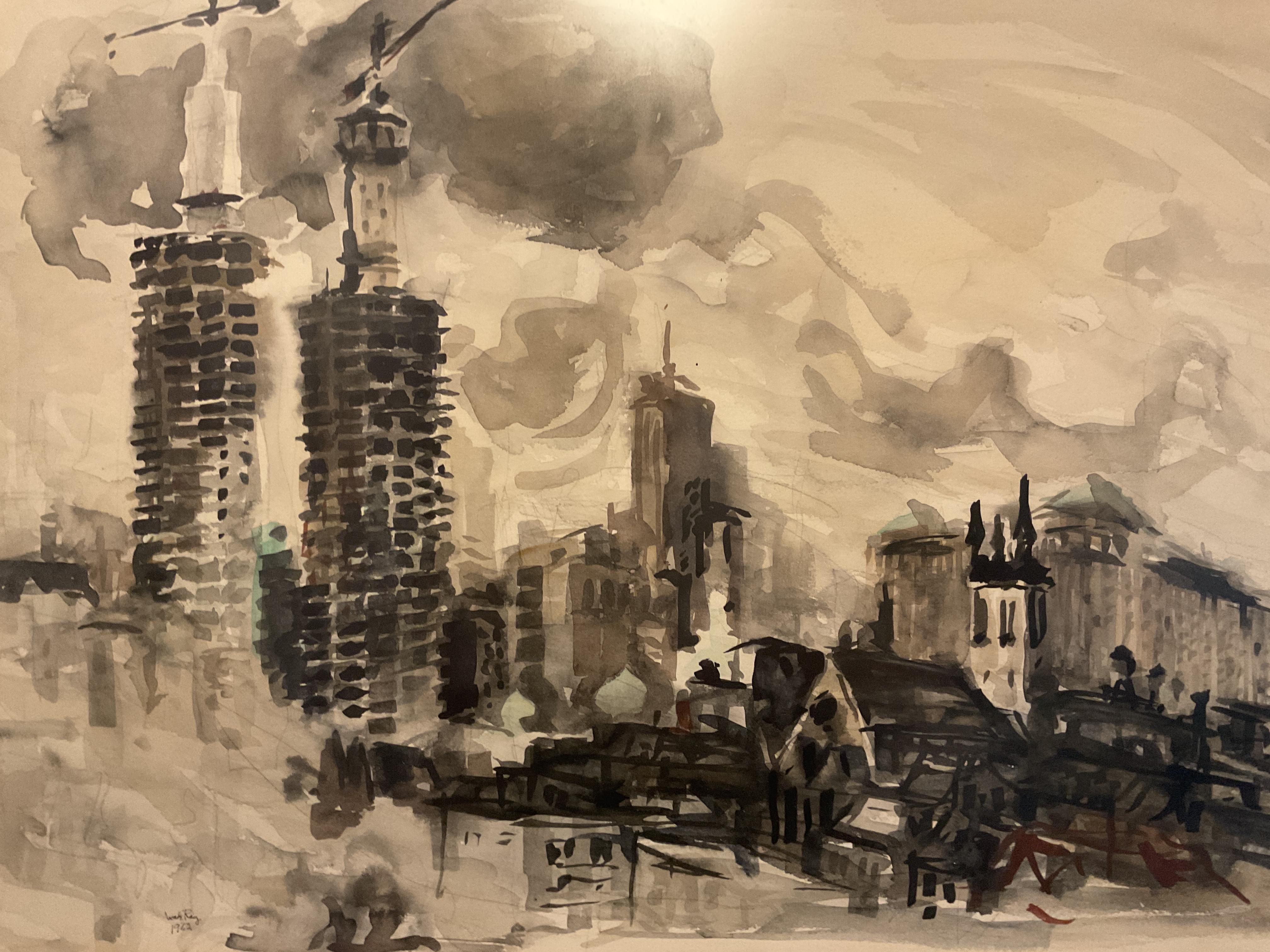 Rare Chicago Watercolor - Marina City under Construction by Artist Wade Ray 1962 1