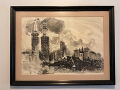 Rare Chicago Watercolor - Marina City under Construction by Artist Wade Ray 1962