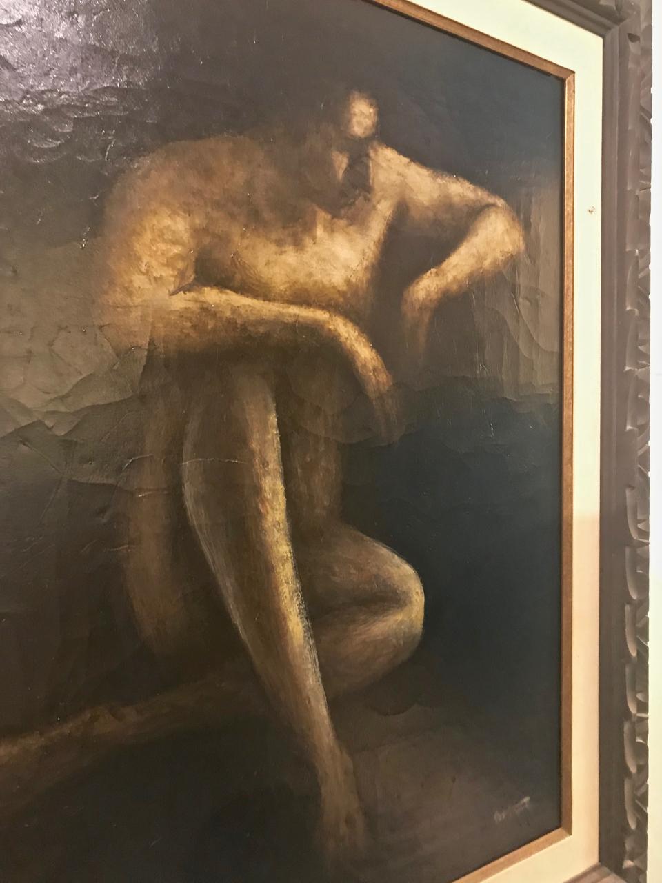Intéressante huile sur toile de Wade Reynolds représentant un nu masculin, datant des années 1960. Le tableau conserve son cadre original du milieu du siècle. Le tableau a été nettoyé et a subi de très légères retouches.