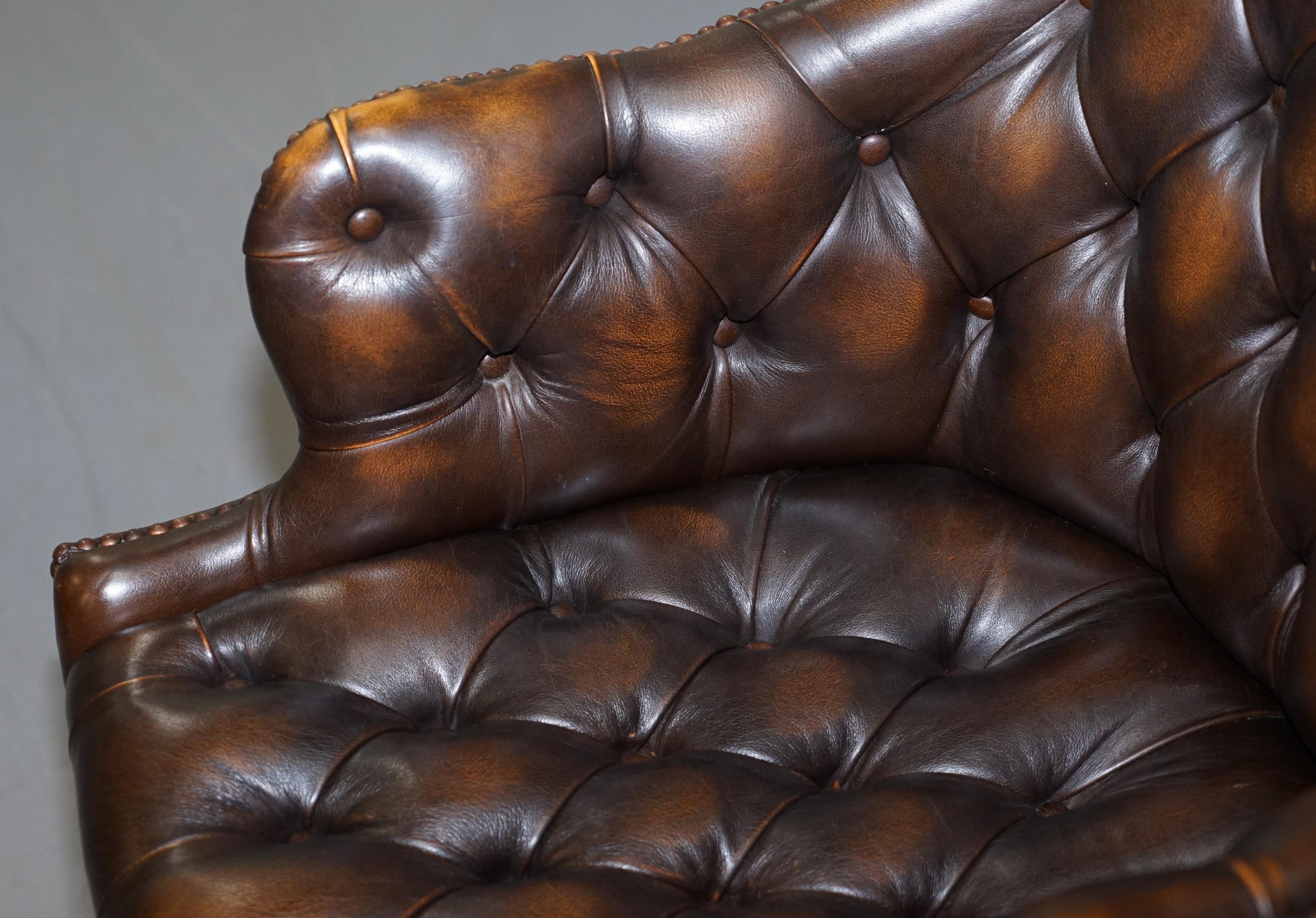 English Wade Upholstery Vintage Brown Leather Chesterfield Captains Directors Chair