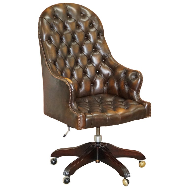 Wade Upholstery Vintage Brown Leather Chesterfield Captains Directors Chair For Sale At 1stdibs