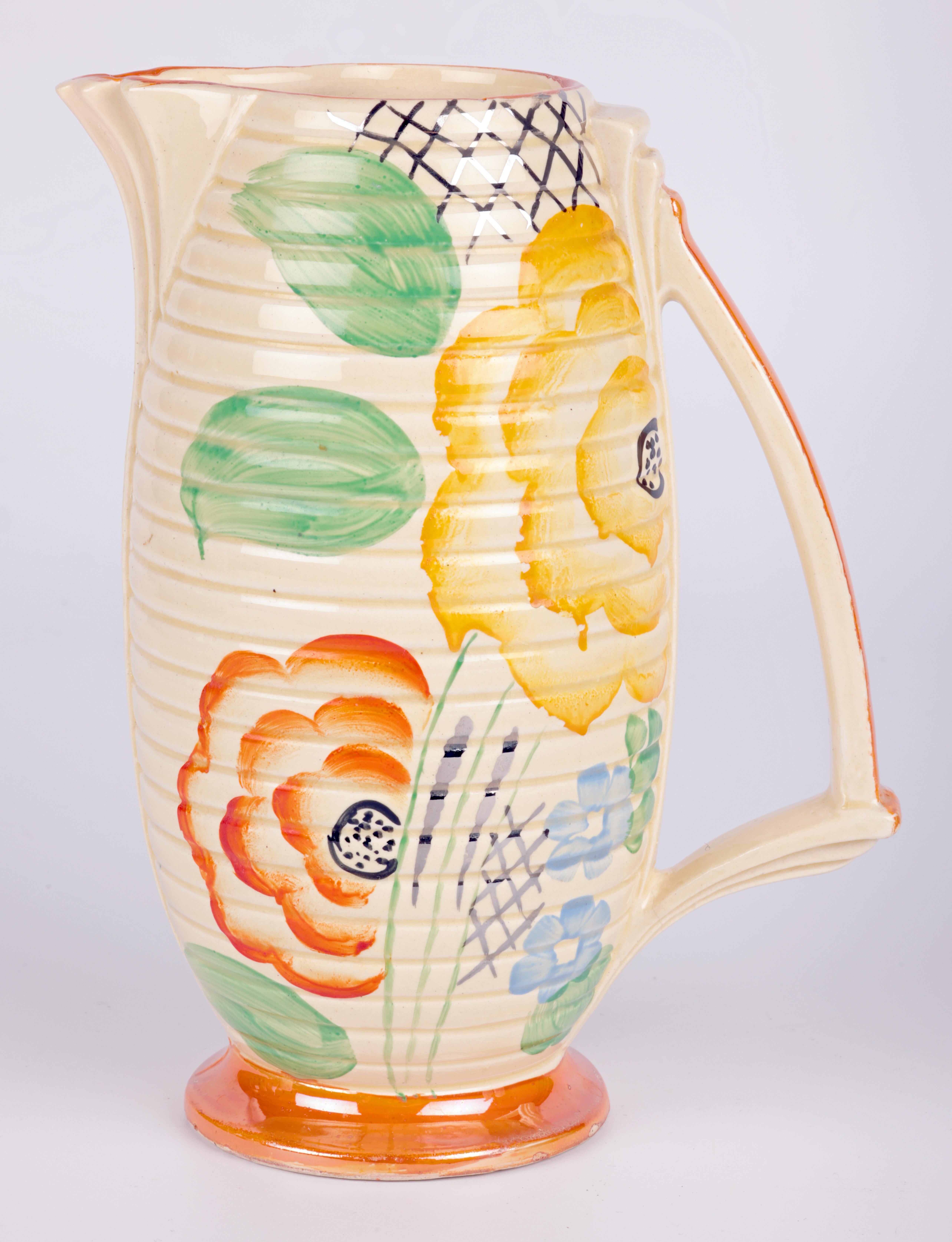 Wadeheath Art Deco Floral Painted Pottery Jug For Sale 1