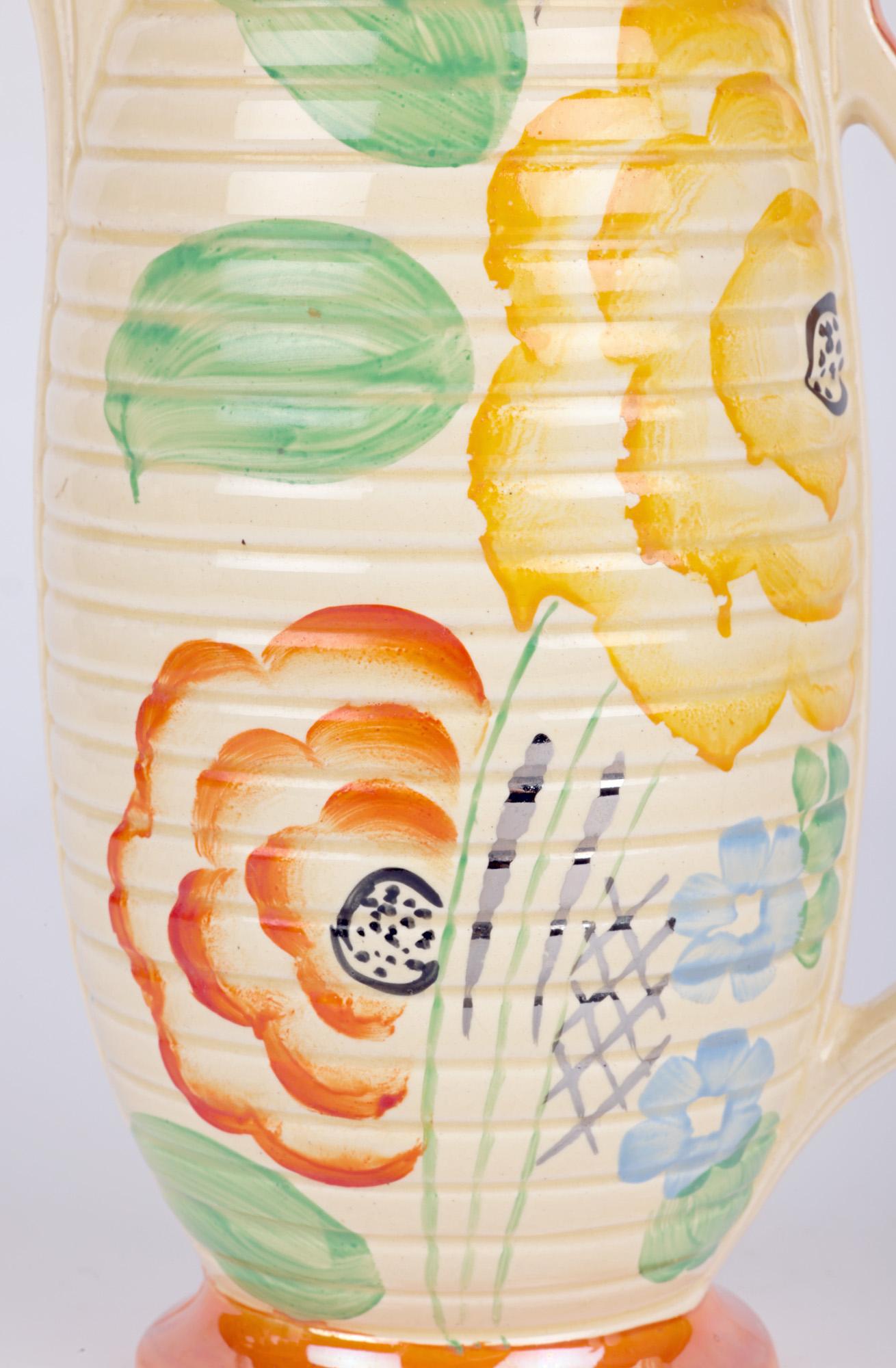 Glazed Wadeheath Art Deco Floral Painted Pottery Jug For Sale