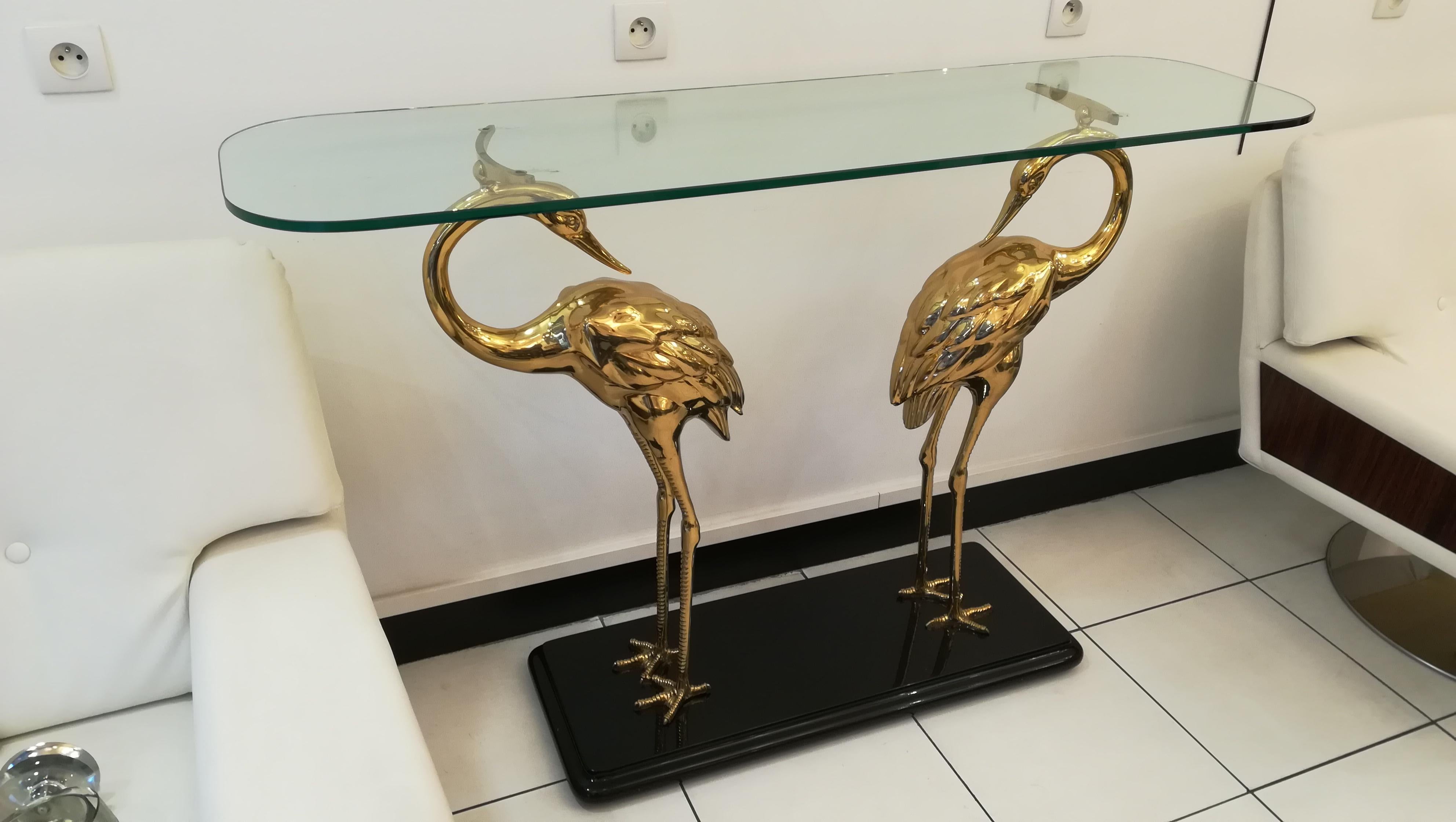 Wading birds console in brass and glass, circa 1970, in the style of Alain Chervet