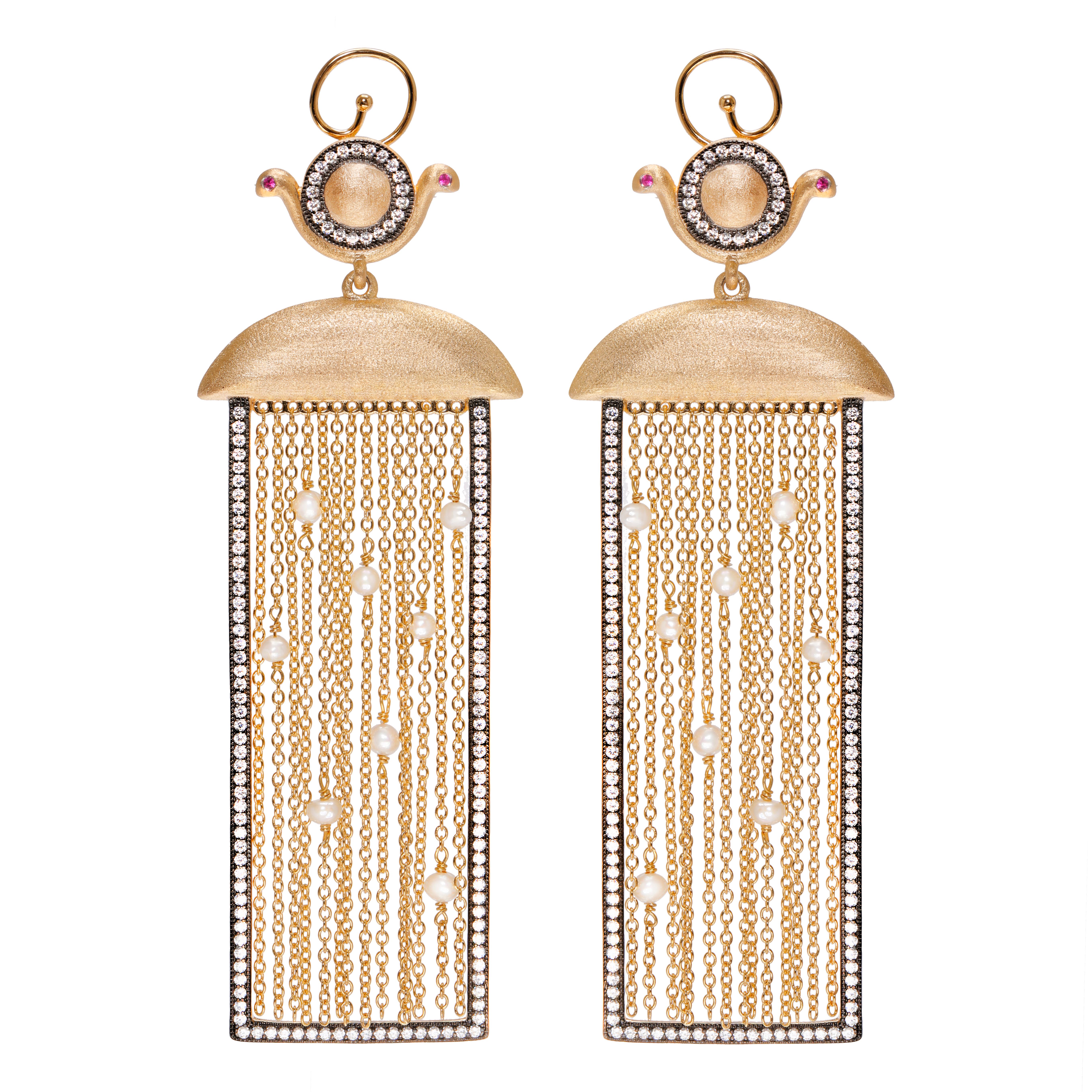 Wadjet Goddess Rectangular Drop Earrings with Pearl Tassels Vermeil Gold