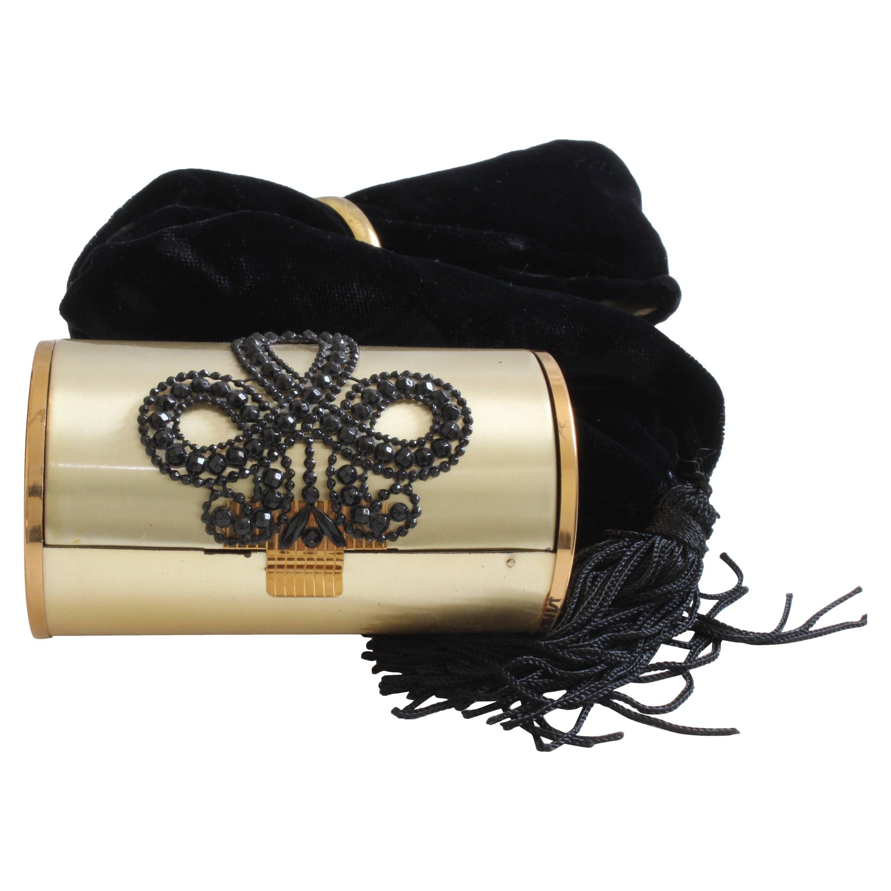 Wadsworth 1950s Vintage Gold-Tone Minaudière Compact with Jet Beads