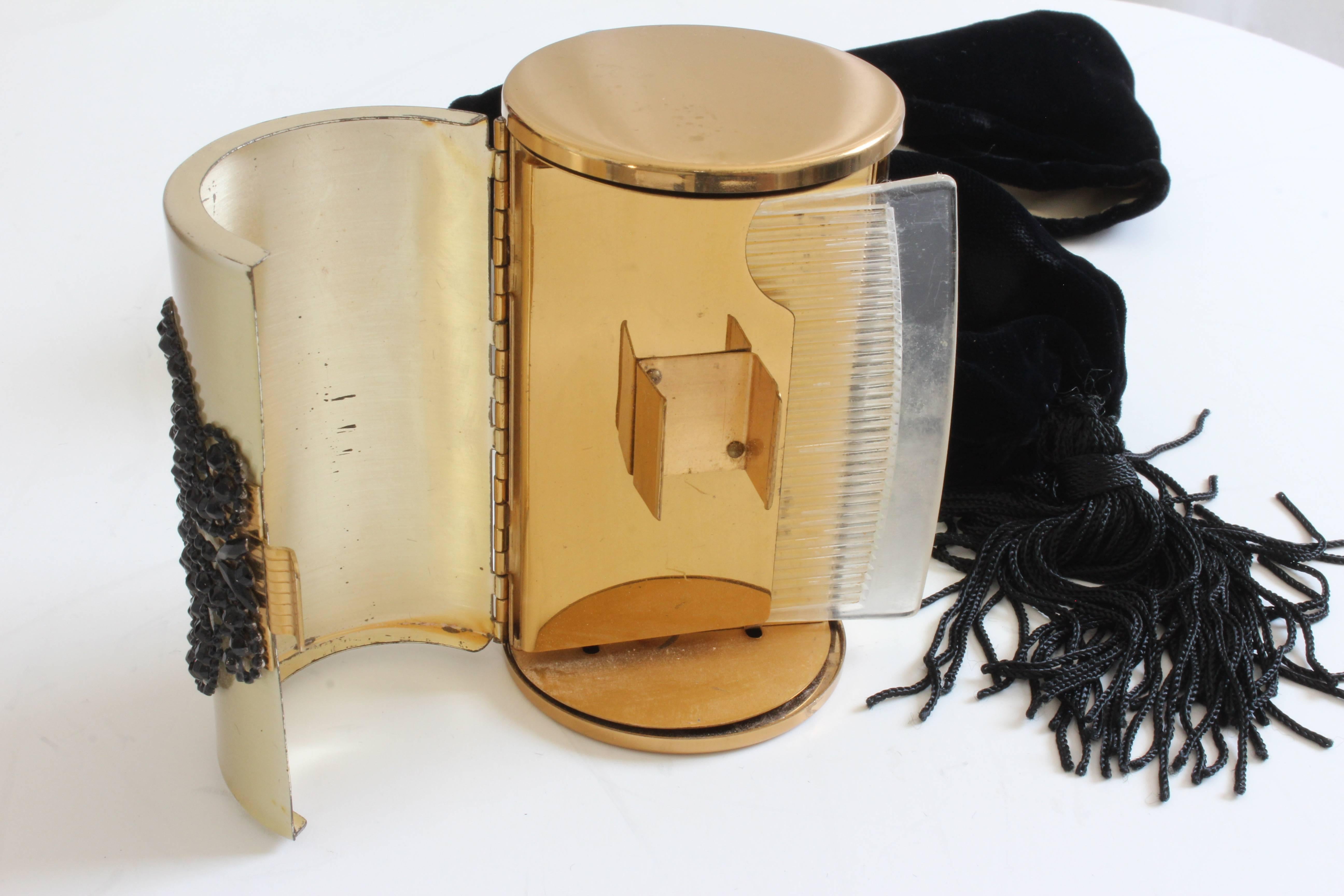 Wadsworth Minaudière Gold Metal Make Up Clutch + Comb Black Evening Pouch 60s For Sale 5
