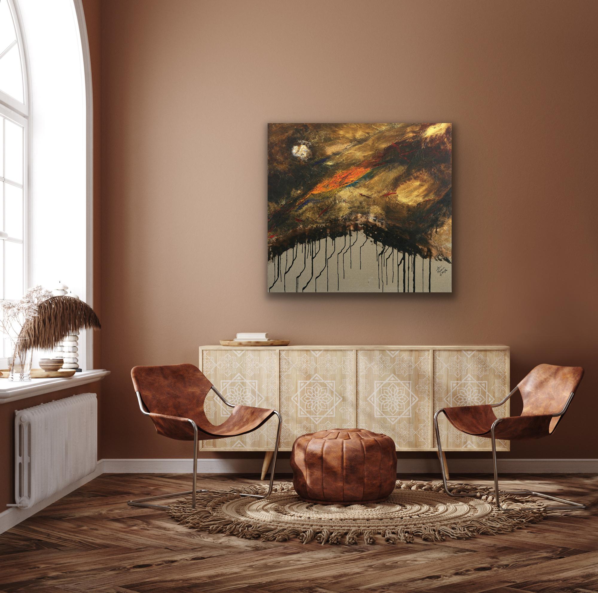 L'alba a Merzouga (L'Aurore a Merzouga) - Pittura ad olio astratta di paesaggio - Painting Astratto di Wafaa Mezouar