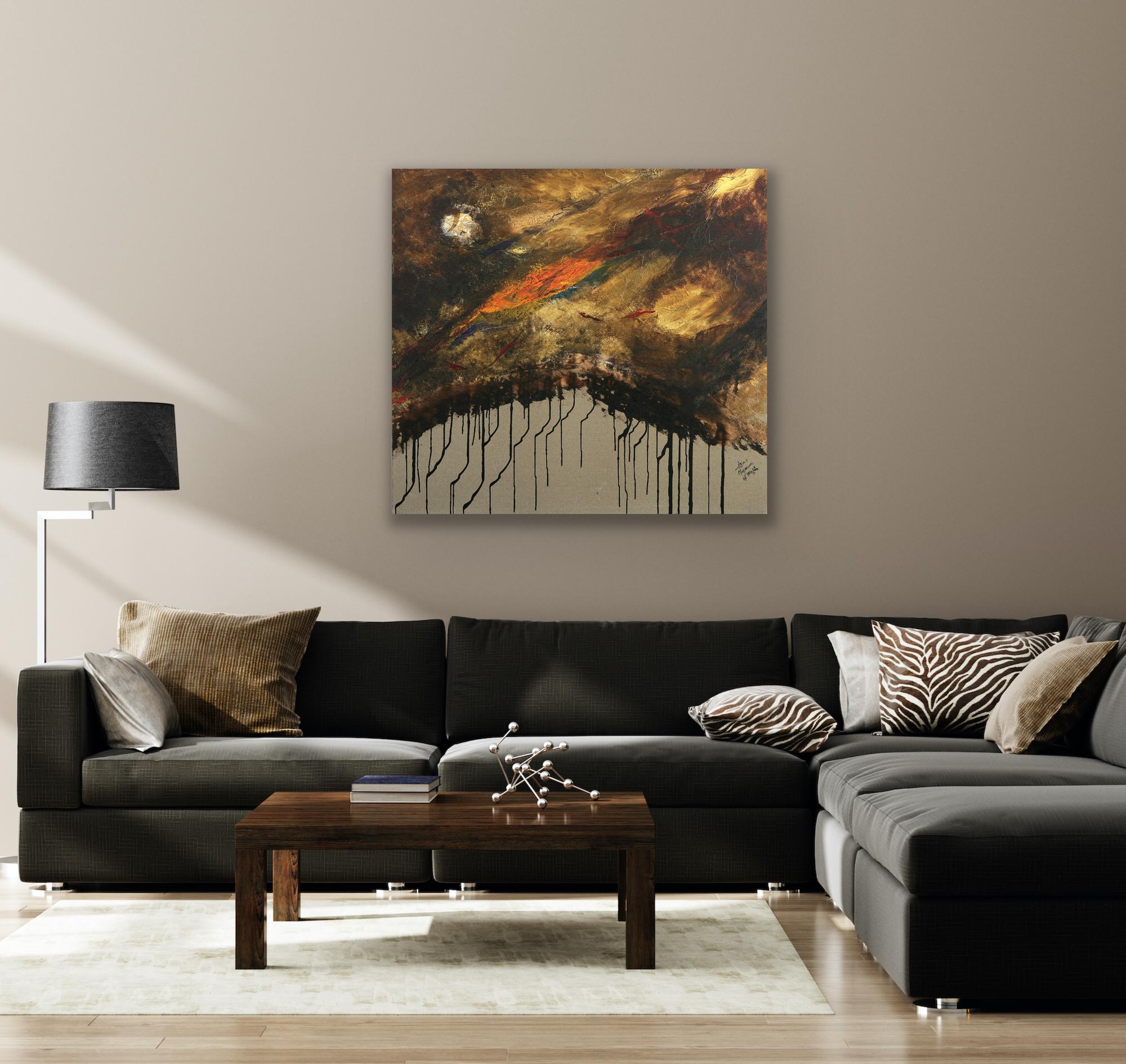 L'alba a Merzouga (L'Aurore a Merzouga) - Pittura ad olio astratta di paesaggio - Landscape Painting Oro di Wafaa Mezouar