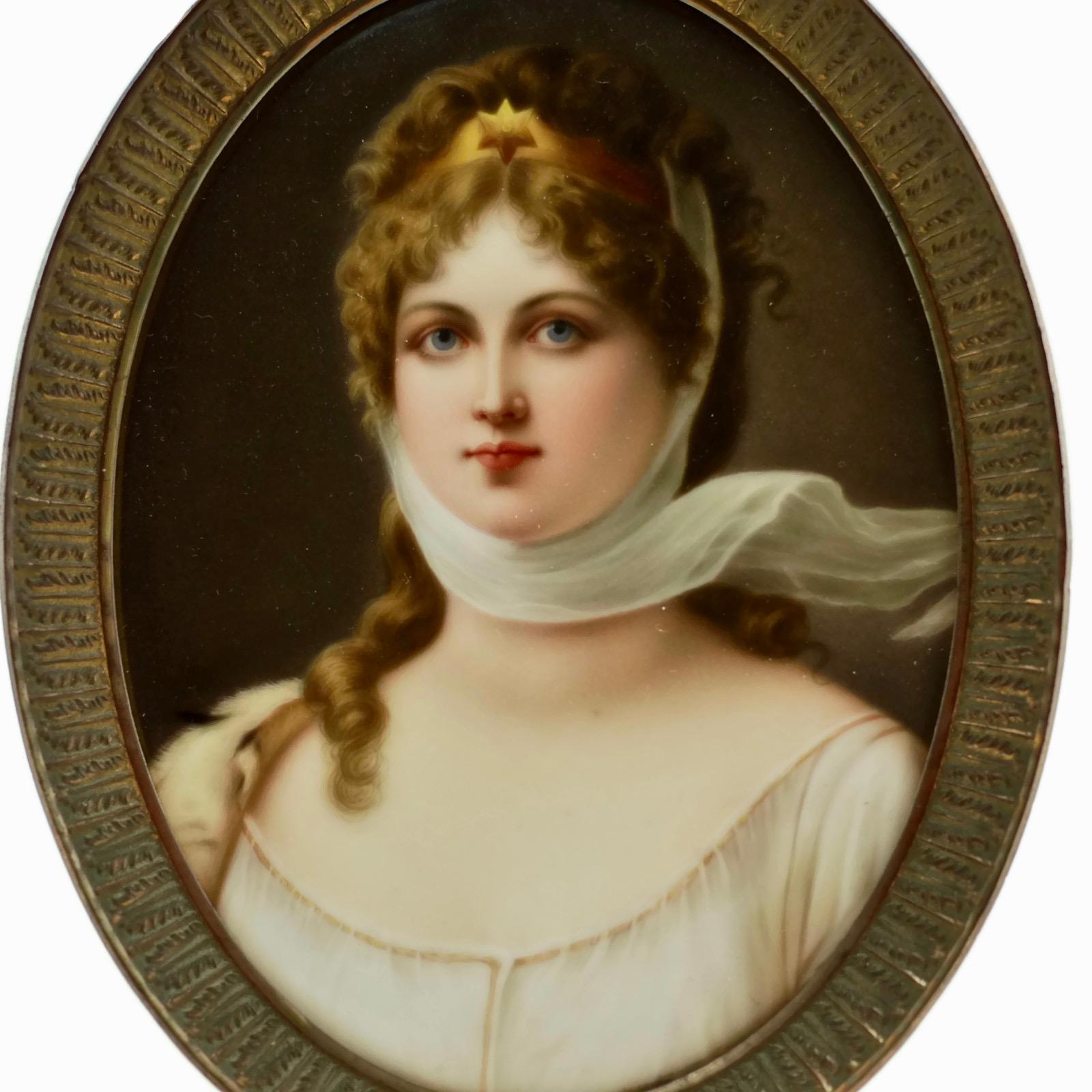 This 19th century Hutschenreuther oval porcelain plaque was hand painted by Wagner and features the image of Queen Louisa of Prussia after the work by Germain artist Gustav Karl Richter. As seen in the accompanying photographs, the artwork has been