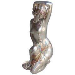 Vintage Wagtail Sculpture in Resin and Silver Art Deco style Kneeling Lady, 1970