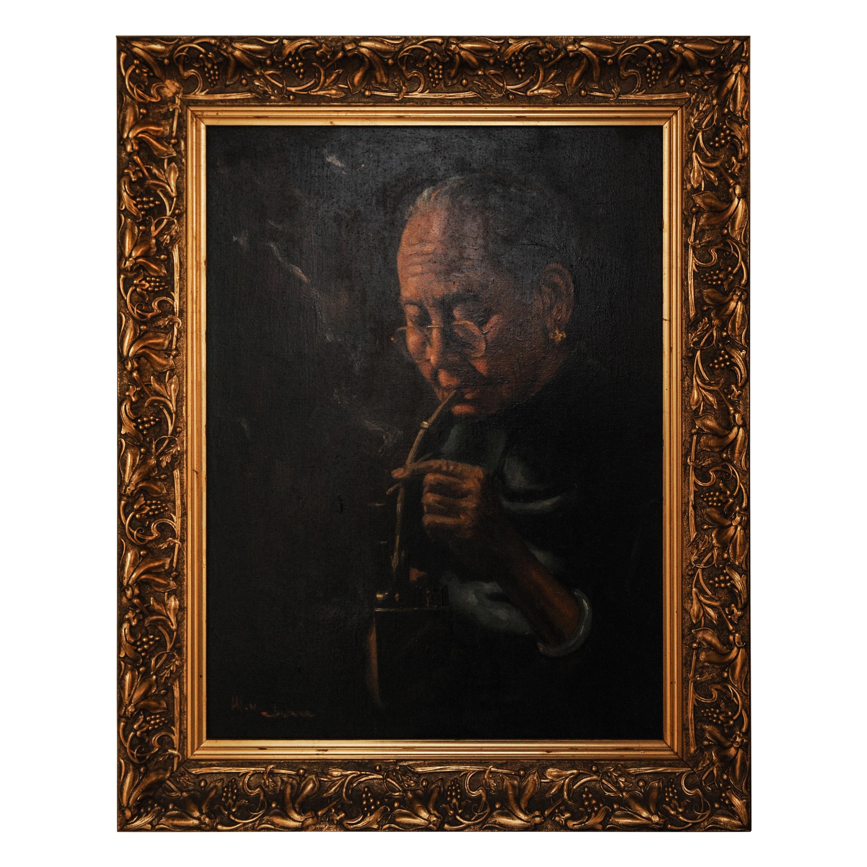 Wahso Chan Oil Painting of Smoking Chinese Elder of San Francisco USA 1900s For Sale