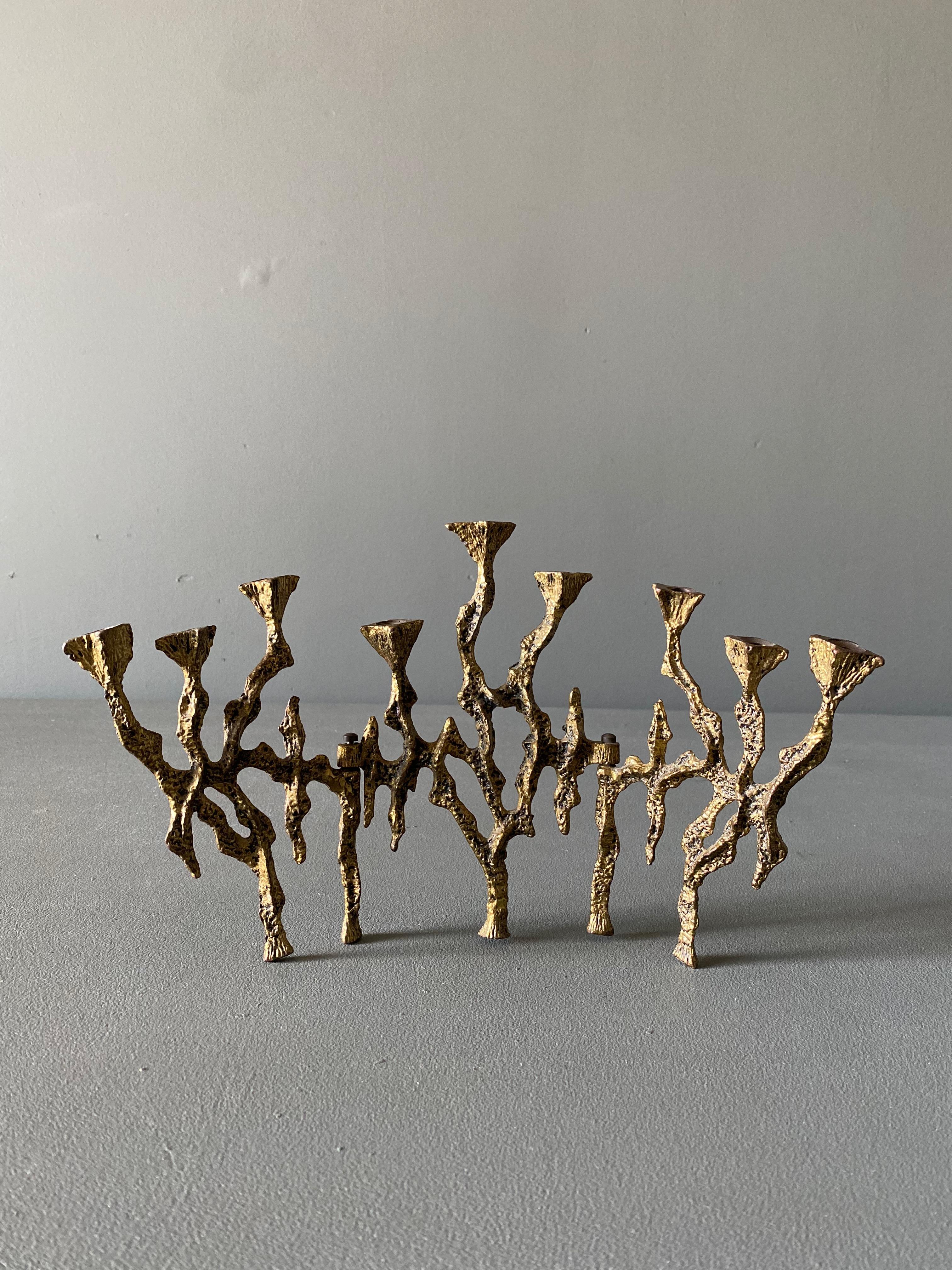 Mid-Century Modern Wainberg Brutalist Brass Tri-Fold Menorah, circa 1960