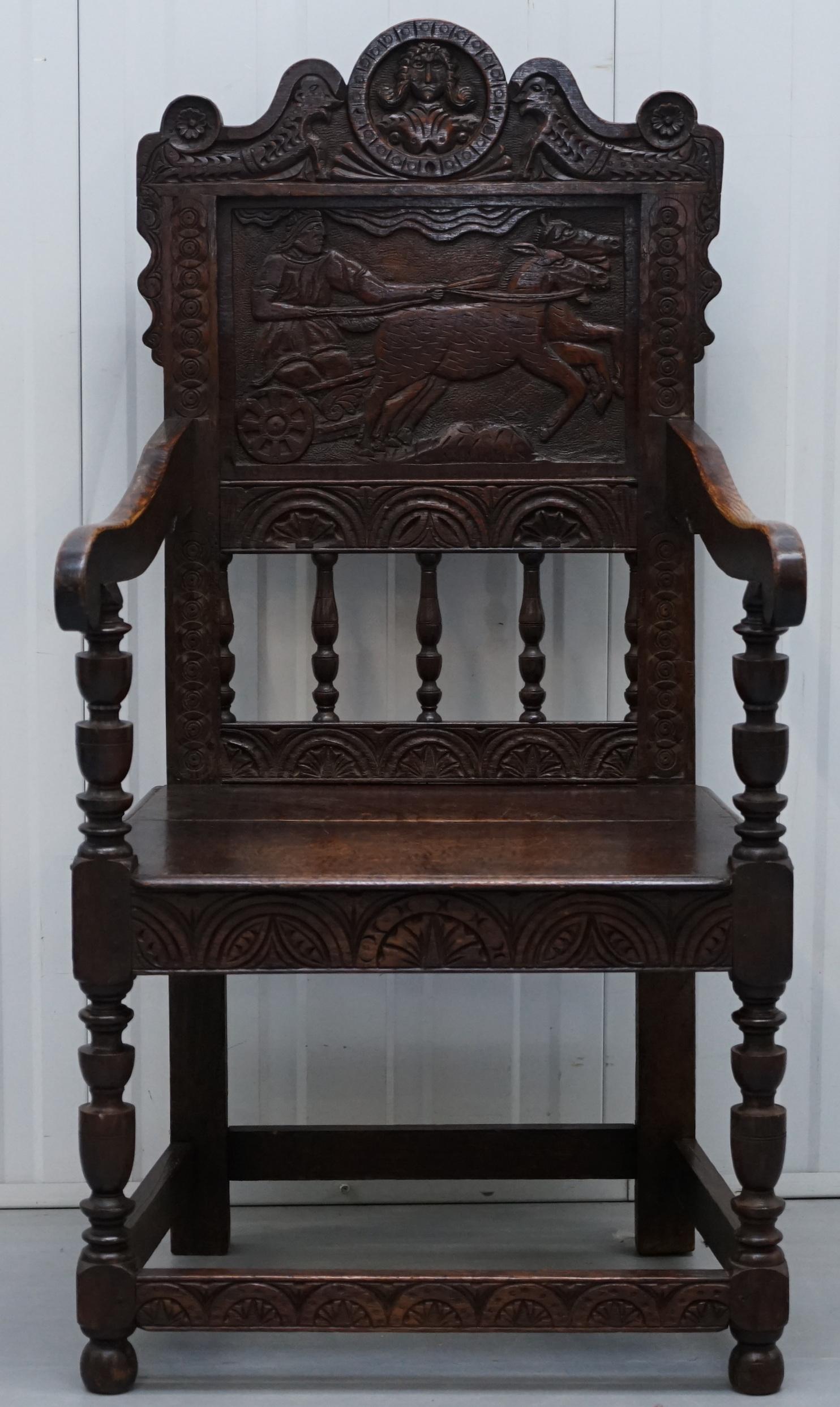 We are delighted to offer for sale this late 18th-century solid oak hand-carved Wainscot armchair with back panel depicting King Charles I in his chariot with horses

A very old piece, handmade with wood dowel nails throughout, the timber has a