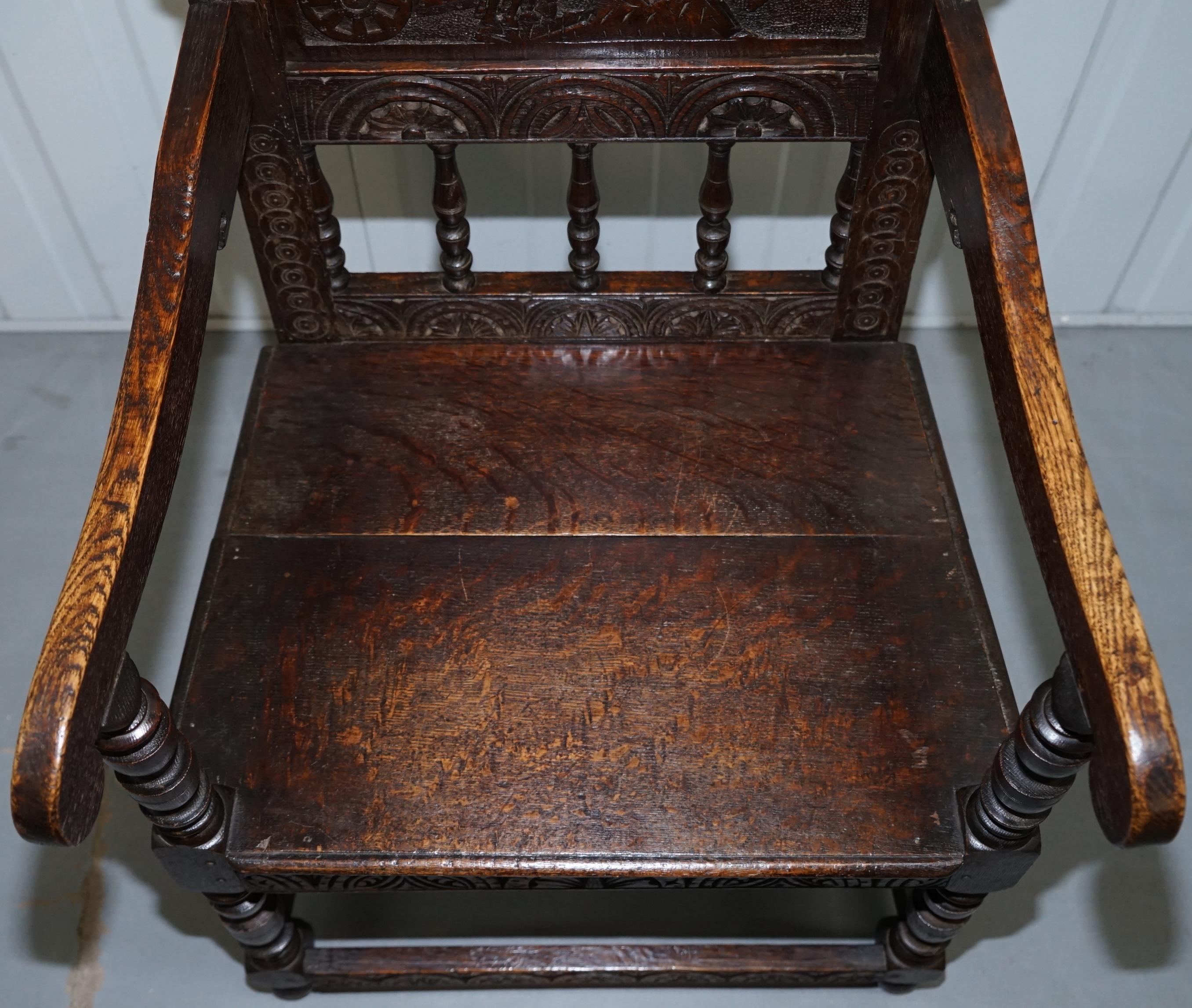 English Wainscot Armchair Carved Wood Panel Depicting King Charles I Chair, circa 1780