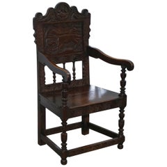 Antique Wainscot Armchair Carved Wood Panel Depicting King Charles I Chair, circa 1780