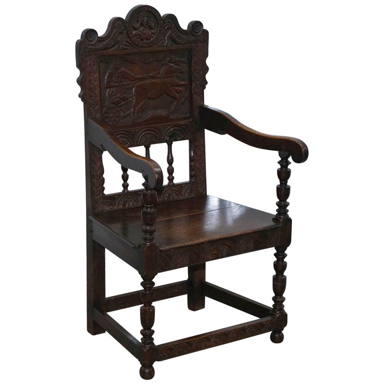 Wainscot Armchair Carved Wood Panel Depicting King Charles I Chair