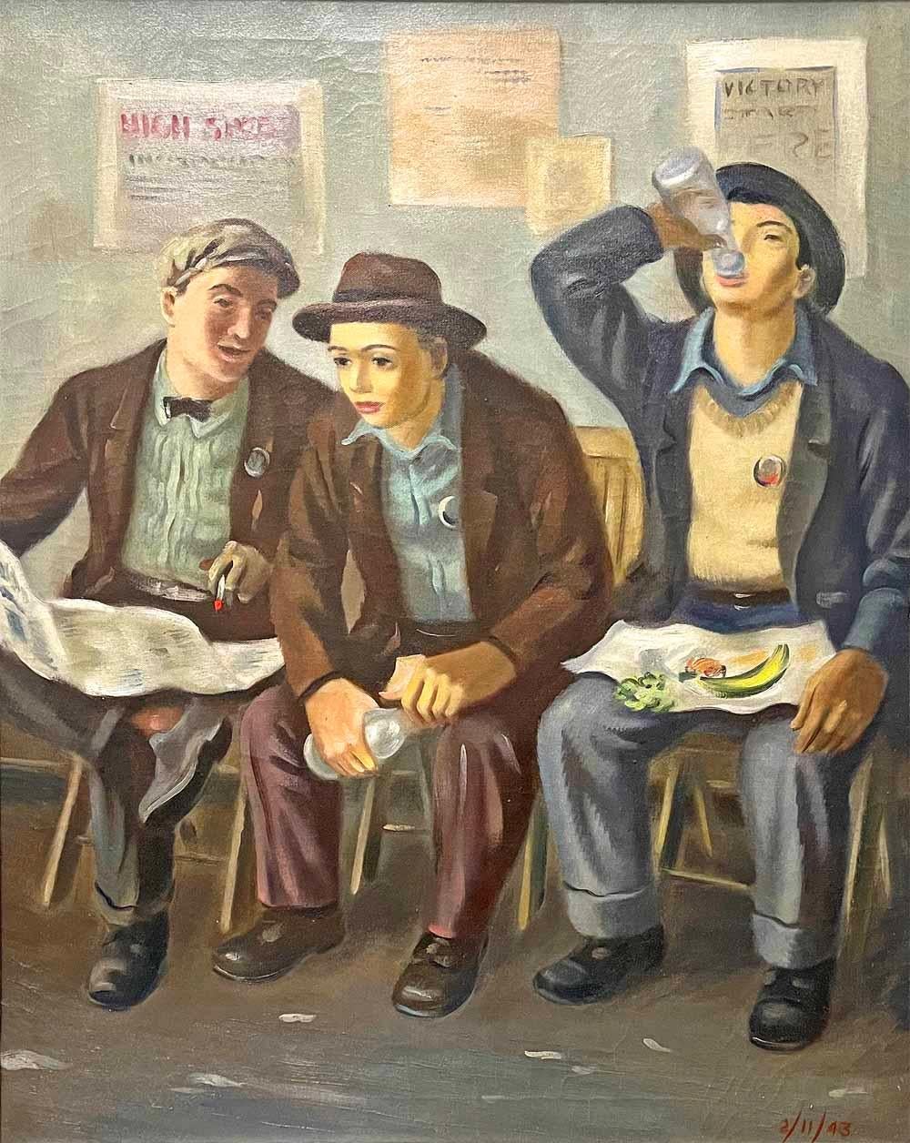 Highly atmospheric and winning, this American Scene painting of three young men waiting for the next train in downtown Indianapolis -- perhaps new conscripts heading to war -- was painted by Joseph Van Sickle in 1943, when World War II was at its