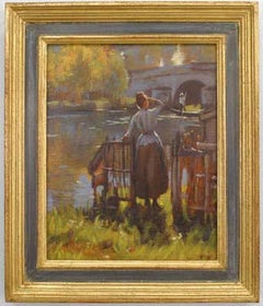 Waiting for the Ferry, Hand-Painted Victorian Copy, Late 20th Century