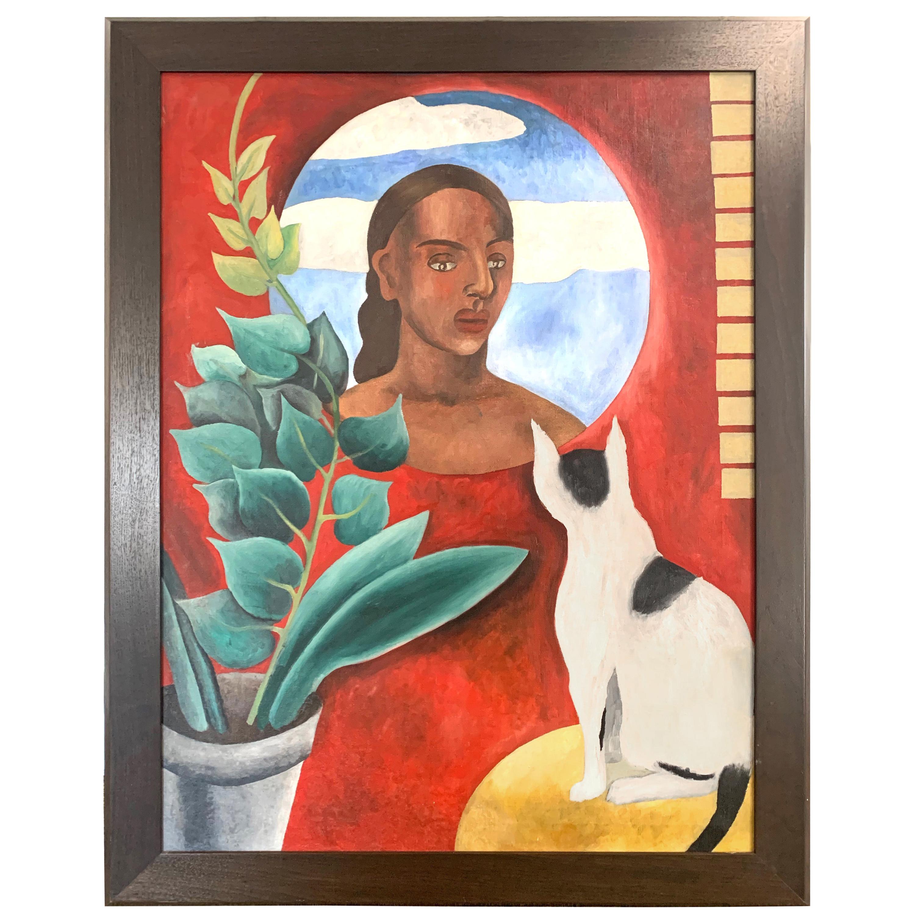 "Waiting", grande peinture Art Déco avec chat et figure féminine dans un hublot
