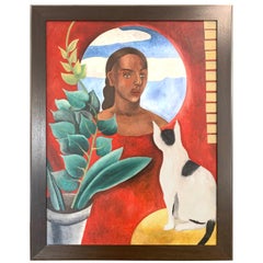 "Waiting," Large Art Deco Painting with Cat and Female Figure in Porthole Window