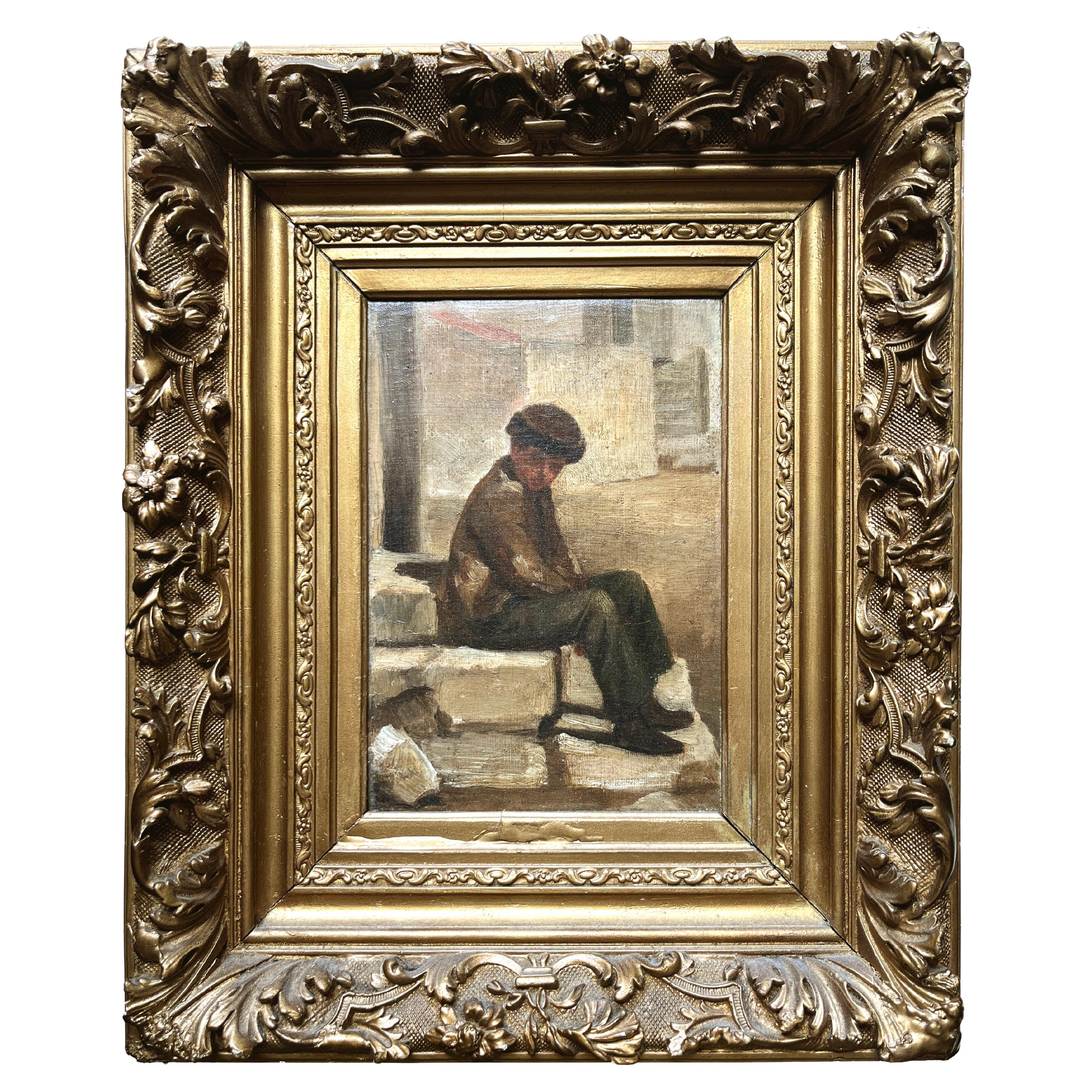 Waiting on the Steps, vintage French genre oil painting by Pierre Edouard Frère For Sale