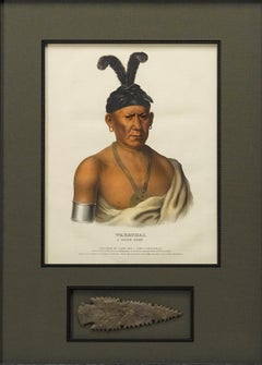 Wakechai, A Saukie Chief, Hand-Colored Lithograph and Antique Arrowhead, 1842
