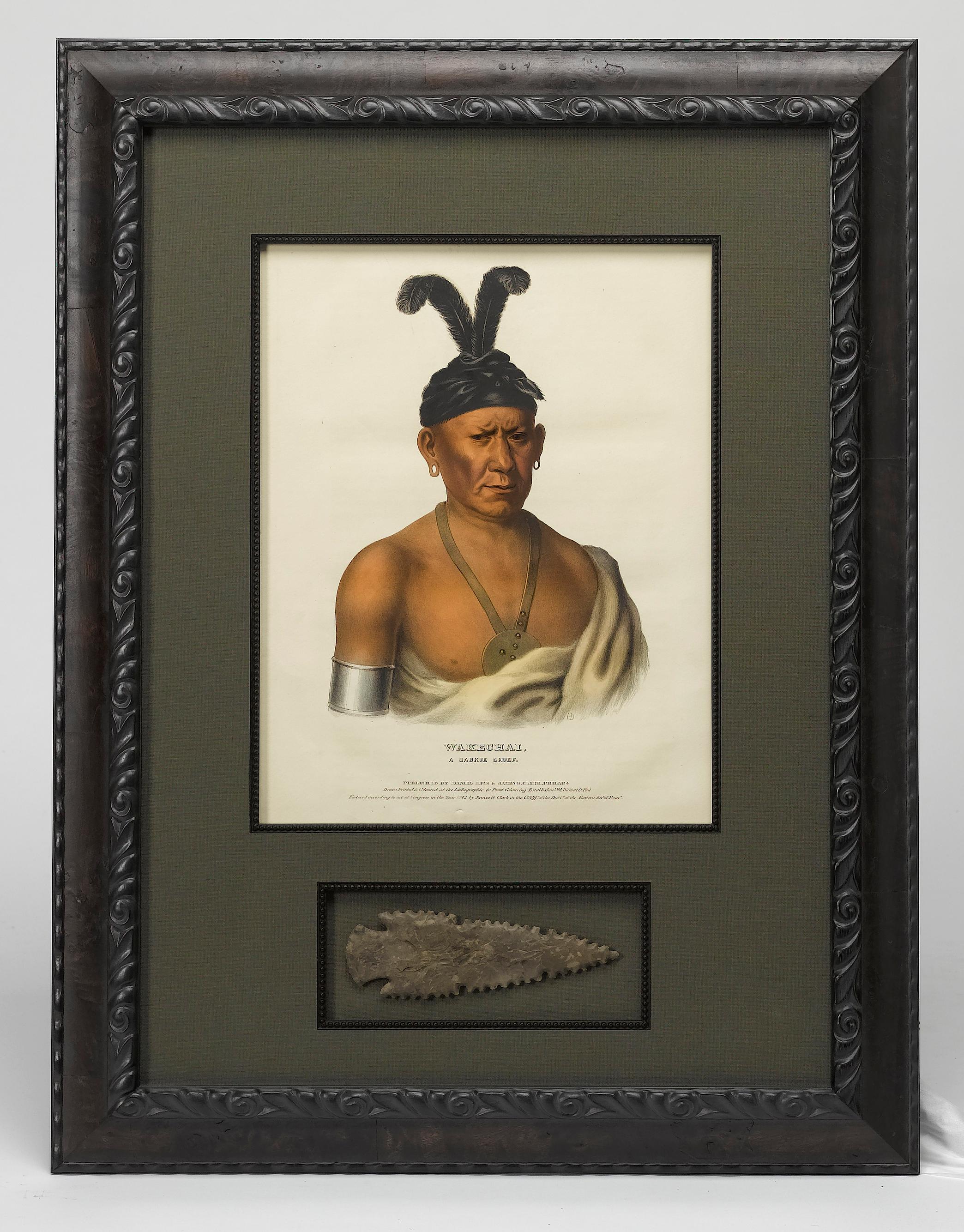 Wakechai, A Saukie Chief, Hand-Colored Lithograph and Antique Arrowhead, 1842 In Good Condition In Colorado Springs, CO