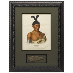 Wakechai, A Saukie Chief, Hand-Colored Lithograph and Antique Arrowhead, 1842