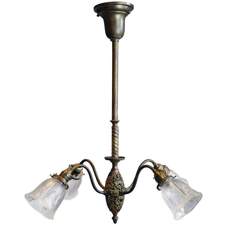 Wakefield Four Arm Brass Chandelier with Shades In Good Condition In Minneapolis, MN