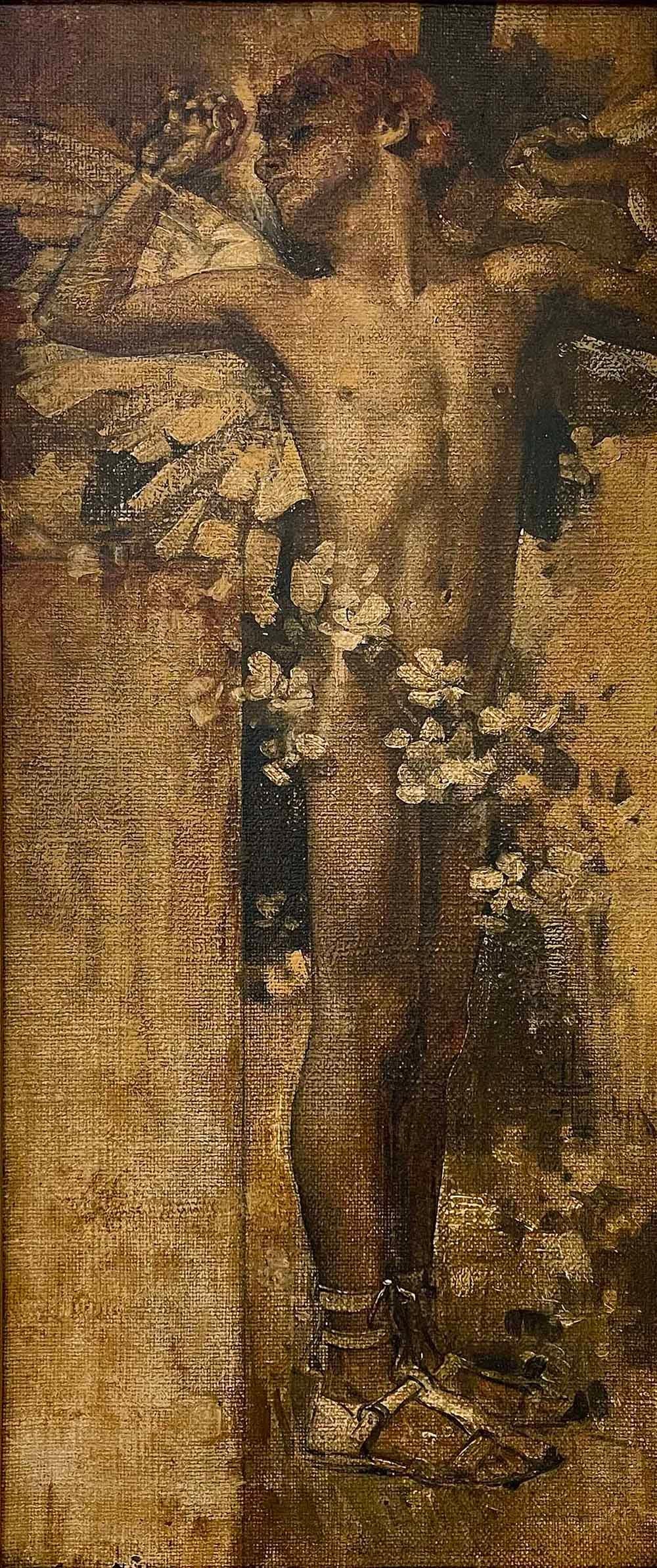 This beautiful depiction of a young male angel, stretching as he awakens from his sleep, is a remarkably assured and skilled painting by the young Joseph Christian Leyendecker, later known for his superb illustration work.  Painted in a palette of