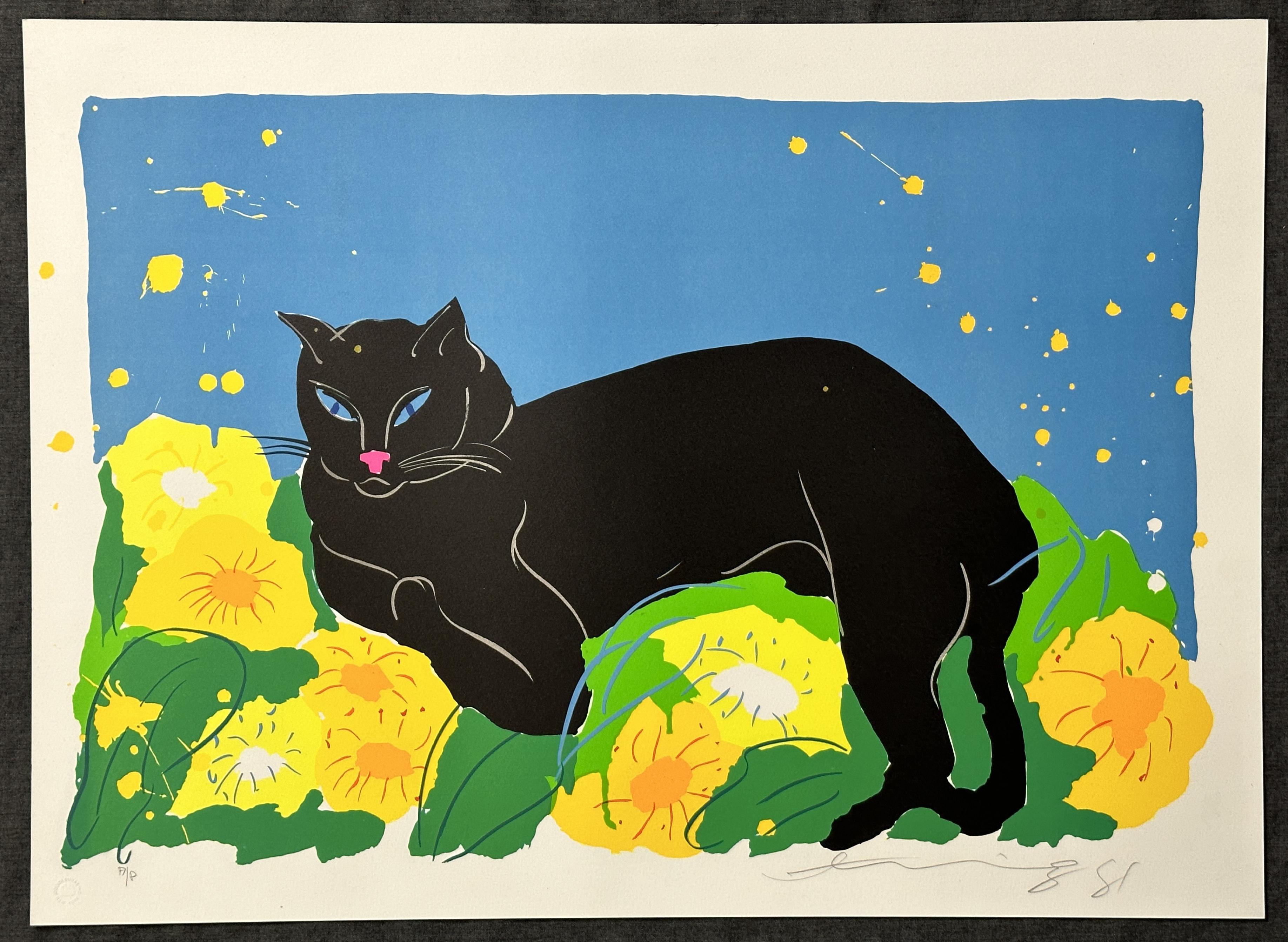 Lithographie einer schwarzen Katze 1981 auf Bogen, Archivpapier – Print von Walasse Ting