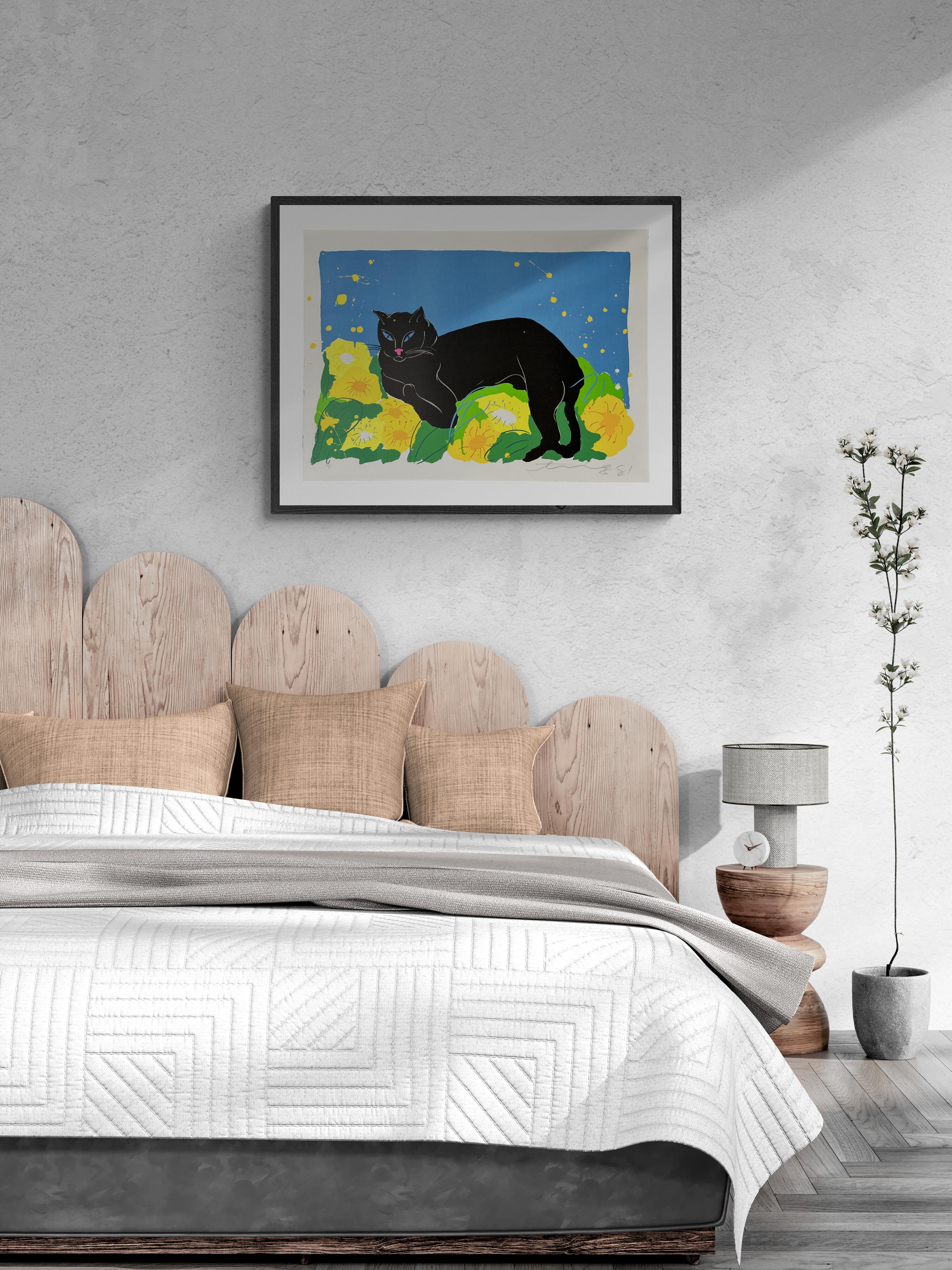 Black Cat 1981 Litografia su carta Arches Archival - Animal Print Blu di Walasse Ting