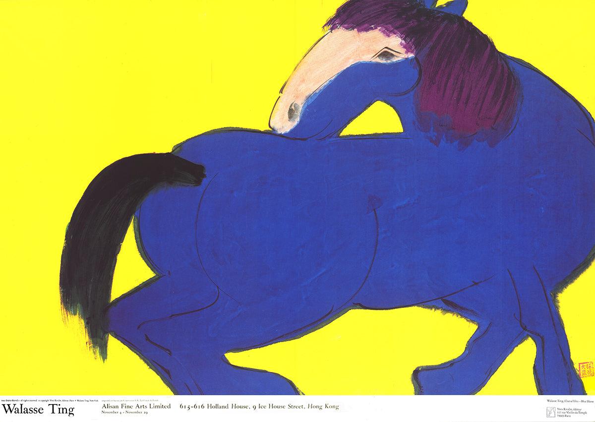 This large-scale, limited edition print Blue Horse by renowned Chinese-American artist Walasse Ting exemplifies his mastery of vibrant color. The oversized poster captivates with its striking contrast of a vivid blue horse against a bold yellow