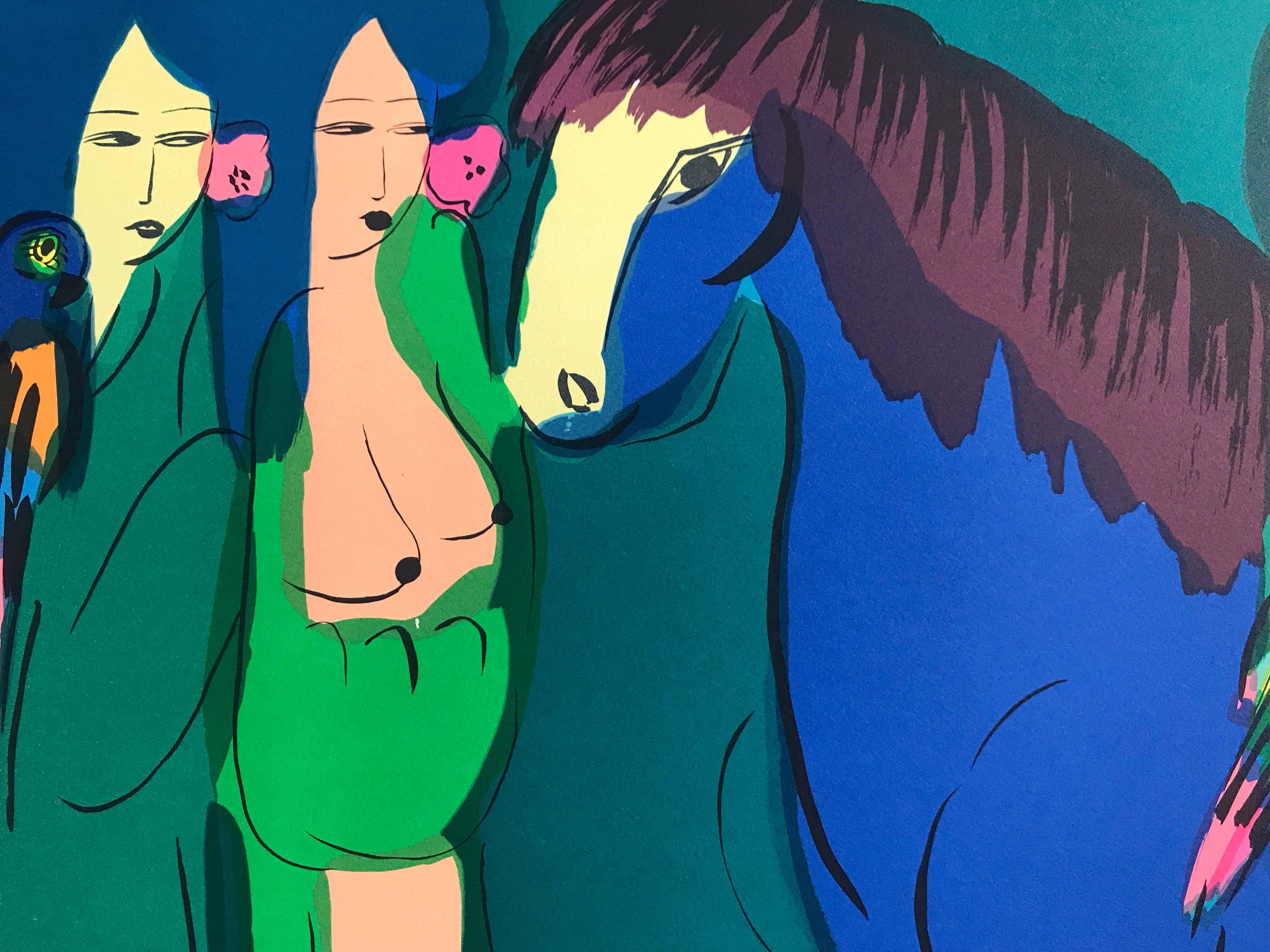Lithographie signée « BLUE HORSE, THREE GEISHAS », femmes asiatiques, perroquets, bleu sarcelle - Bleu Figurative Print par Walasse Ting