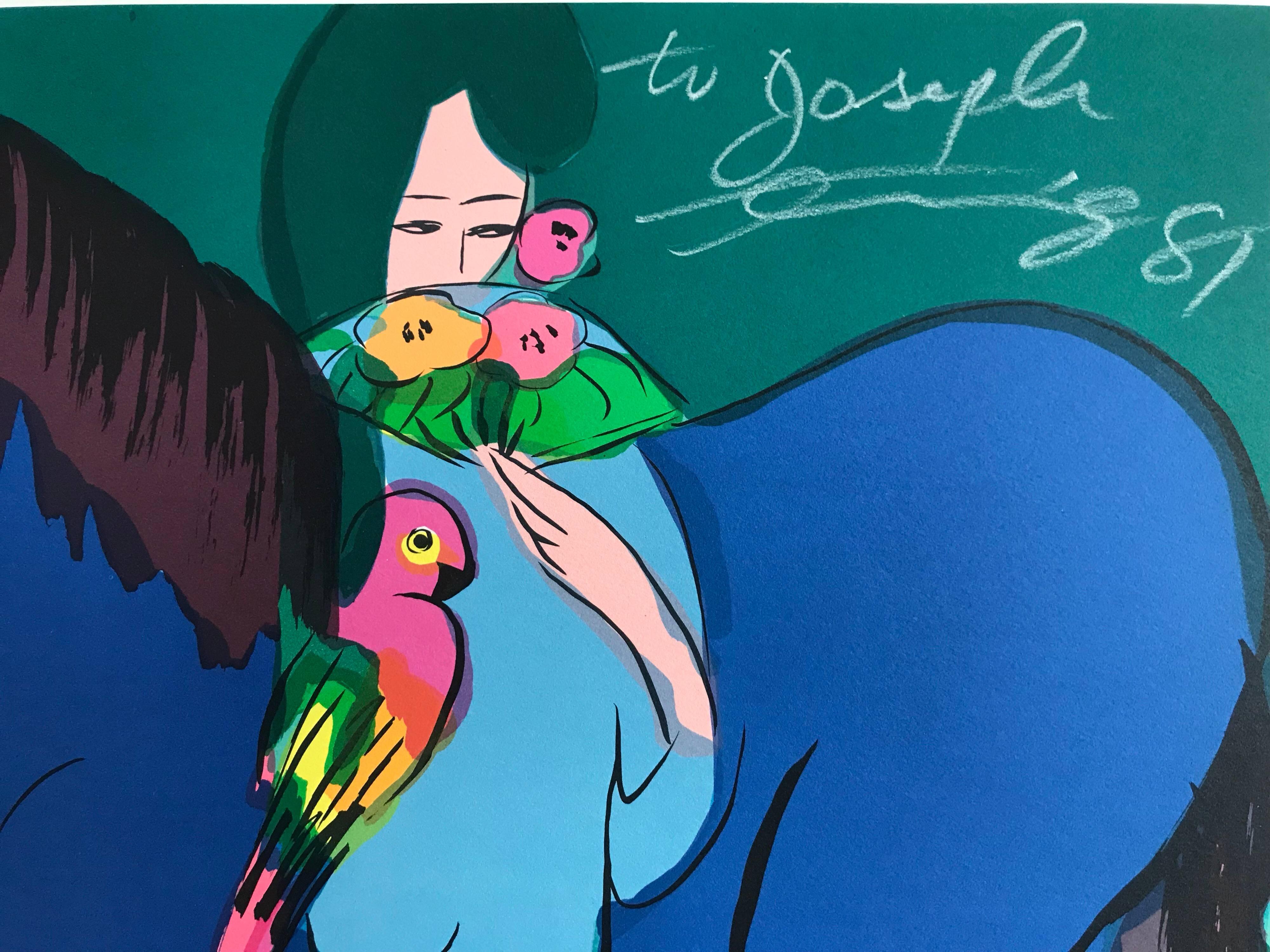 CABALLO AZUL, TRES GEISHAS Litografía firmada, Mujeres asiáticas, Loros, Azul cerceta en venta 3