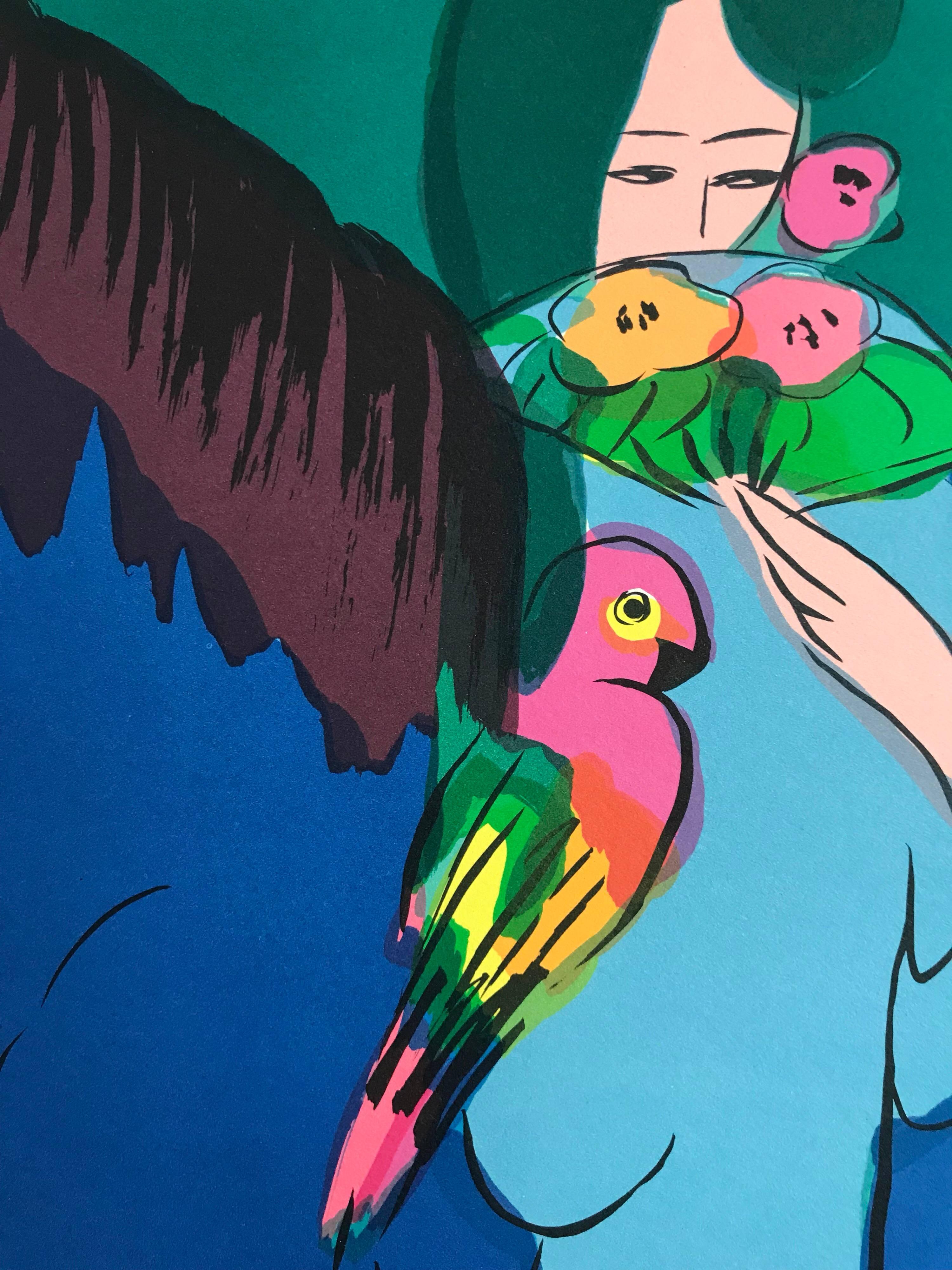 CABALLO AZUL, TRES GEISHAS Litografía firmada, Mujeres asiáticas, Loros, Azul cerceta en venta 1