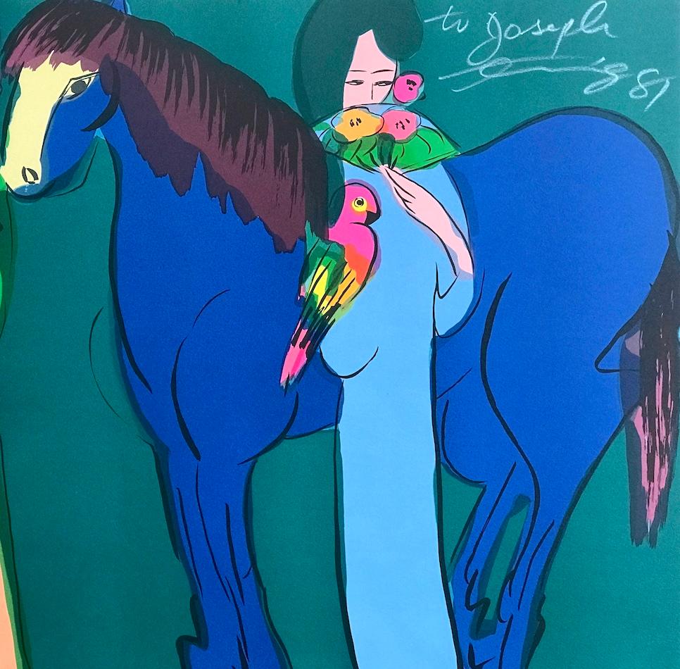 CABALLO AZUL, TRES GEISHAS Litografía firmada, Mujeres asiáticas, Loros, Azul cerceta en venta 2