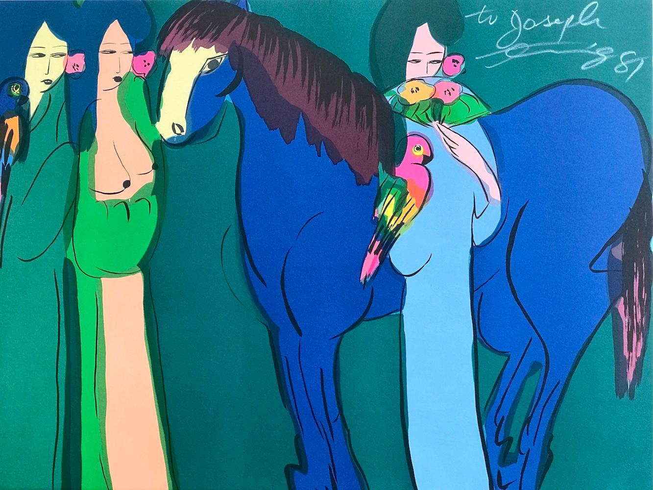 CABALLO AZUL, TRES GEISHAS Litografía firmada, Mujeres asiáticas, Loros, Azul cerceta en venta 4