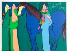 CABALLO AZUL, TRES GEISHAS Litografía firmada, Mujeres asiáticas, Loros, Azul cerceta