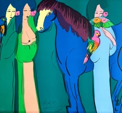 BLUE HORSE, THREE GEISHAS Signed Lithograph, Colorful Asian Women, Parrots