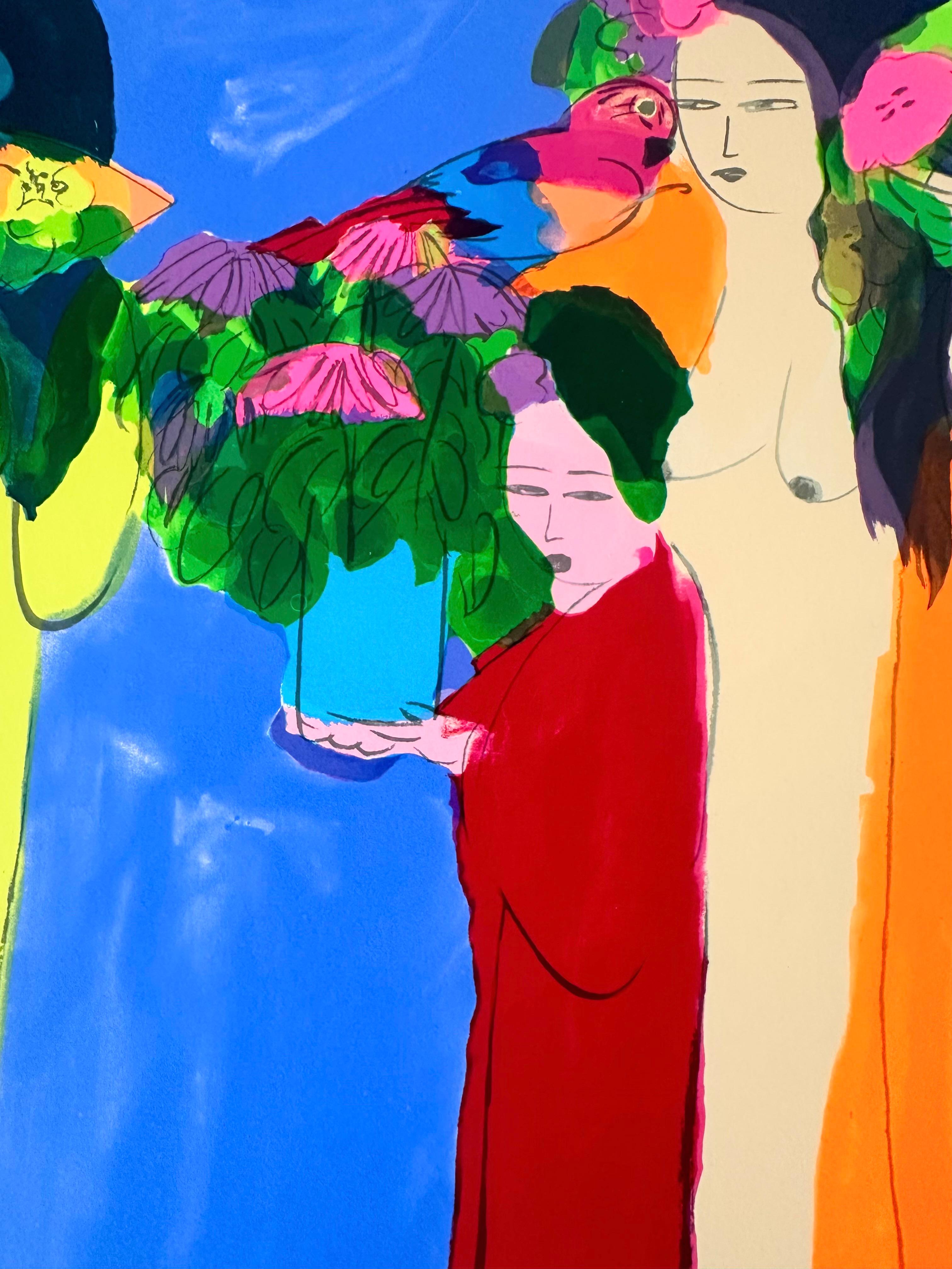 Walasse Ting, Femmes, fleurs et perroquets. Original Colour Lithograph For Sale 3