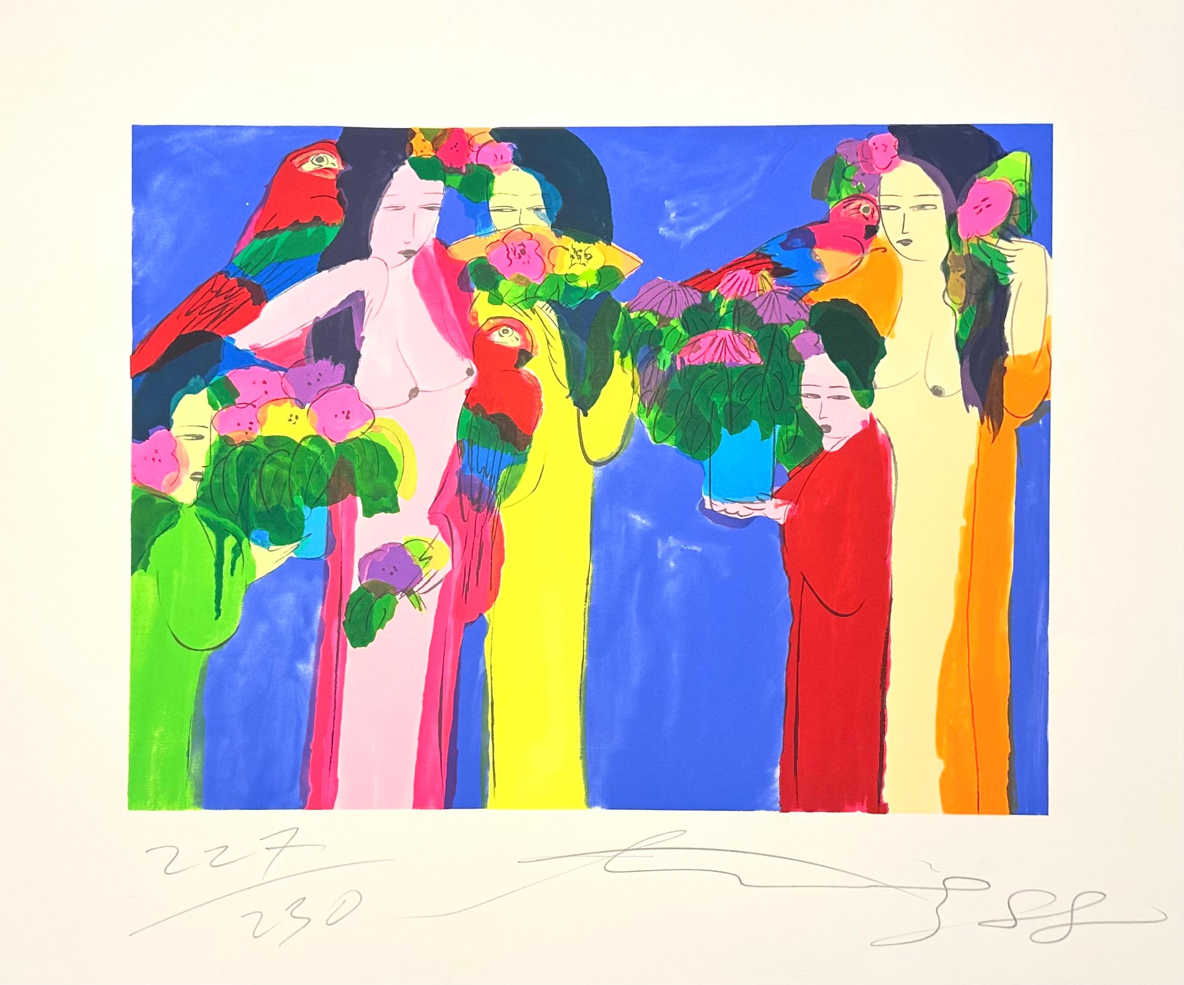 Walasse Ting, Mujeres, flores y perros. Litografía original en color