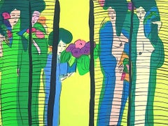 FIVE GEISHA WITH FANS Signed Lithograph Asian Women Shoji Screen, Lime Yellow