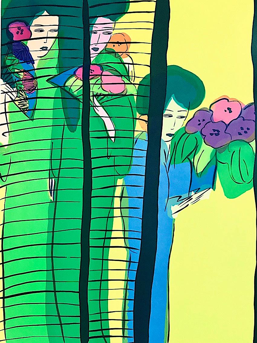 FIVE GEISHA WITH FANS - Écran de lithographie de femmes asiatiques en jaune citron signé - Vert Interior Print par Walasse Ting